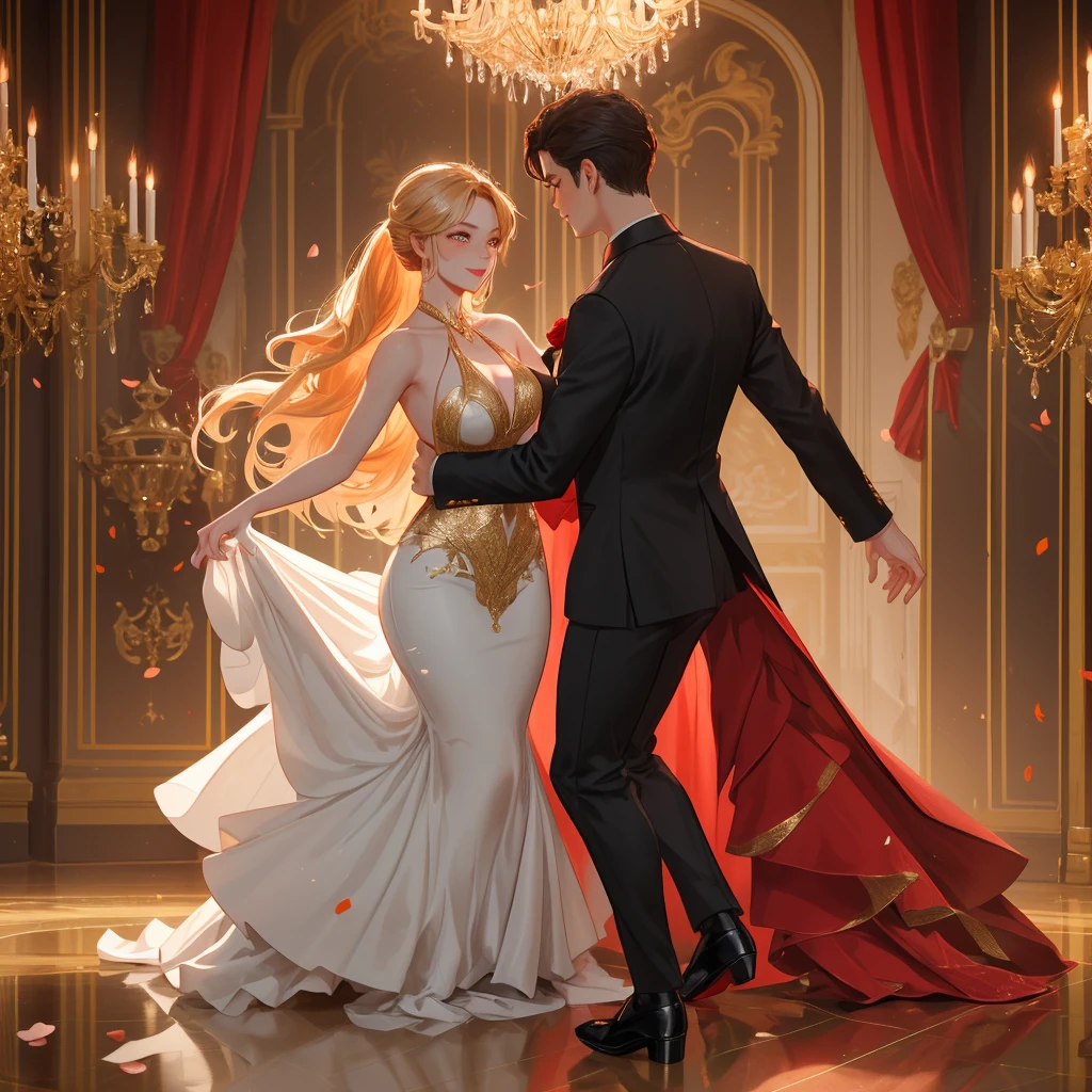 A man,(Mature man),Gorgeous red Rococo dance dress,blonde,Exquisite,(transparent),(See-through clothes),flat chest,Showing belly,(Blush:1.2),Fear,Tears,Prom,Dancing show,