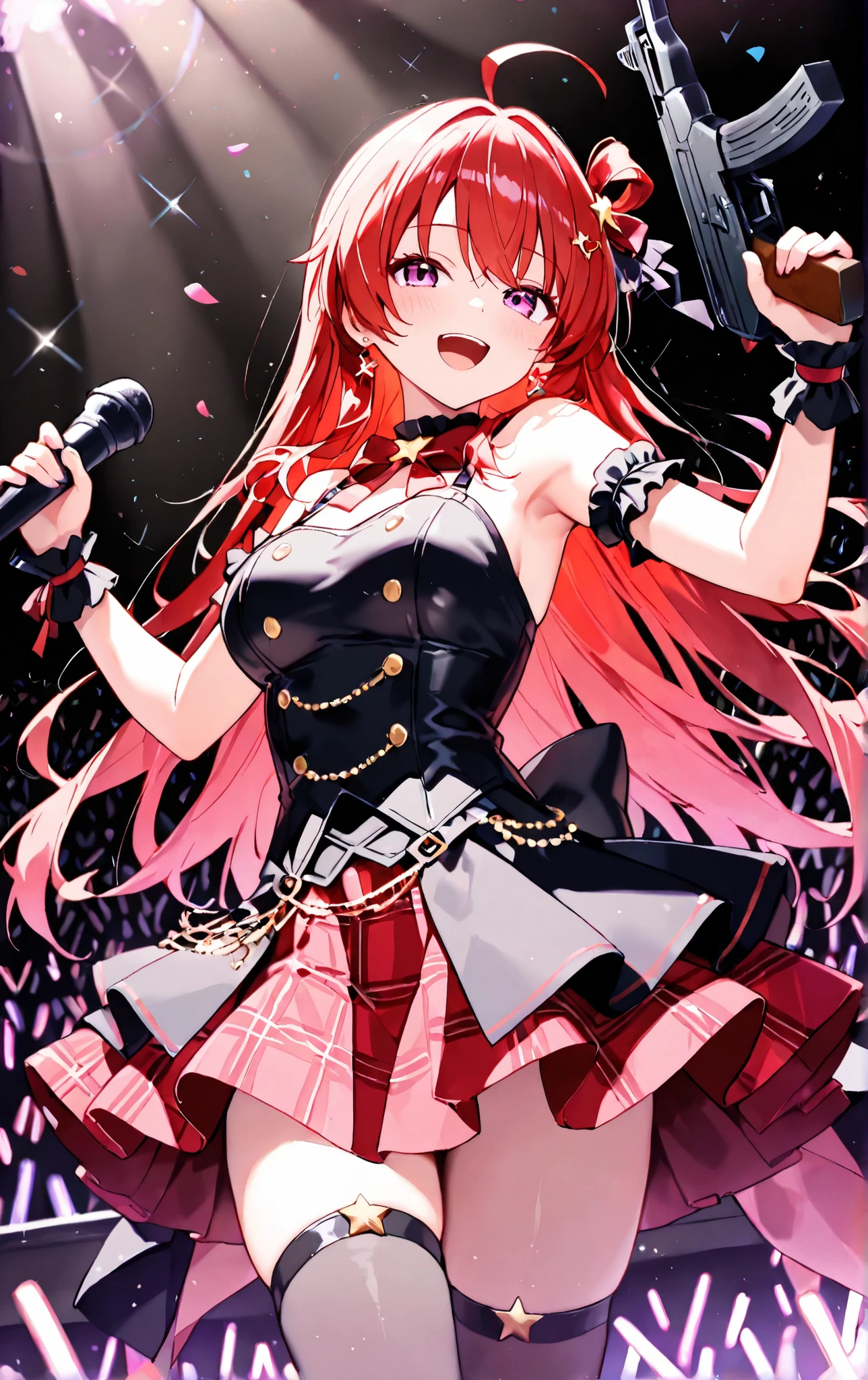 score_9, score_8_up, score_7_up, score_6_up, masterpiece, highest resolution, absurdres, extremely detailed, best composition, 1girl, teen girl,live concert, wearing an idol costume, singing, performing on stage gracefully, smile, dynamic pose, dynamic angle, angled shot, spotlight on girl, wielding an AK-47