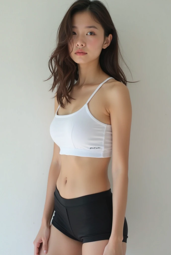 (((White wall)、The walls are white)、Standing in front of a wall)、temple undercut、Show the viewer the front of your body、Japanese、30 years old、Knee shot、Sports Bra、panties、(A randomly generated person with diverse facial features hairstyle、A randomly generated panties brassiere)