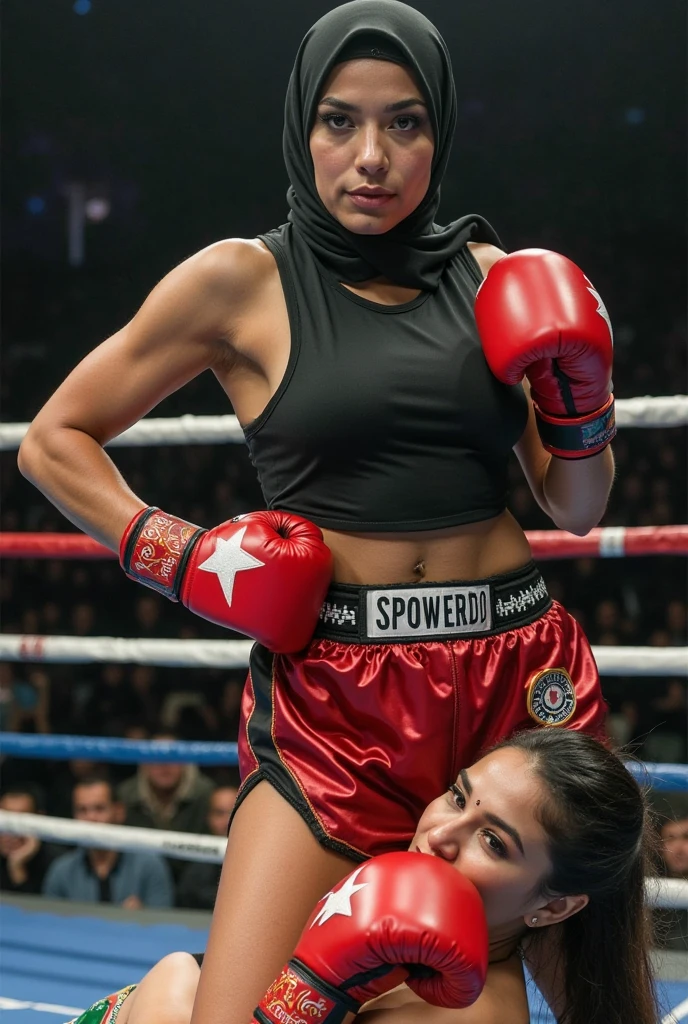 8k, best quality, masterpiece, realistic, real person, Unity 8k wallpaper, (1 mala girl in hijab) , Beautiful eyes, (Delicate face) , Perfect detail, (best lighting) , (super complex details) , (boxing girl) , (sexy), sweat, heavy breathing, ((screaming with big mouth open))))(oppressive aggression) , (boxing ring), athletic shorts, perfect detail, perfect fingers, perfect limbs, impact, (shiny skin), abs, muscles, big tits, waistline,boxing shorts, fist fight, black hijab, 4k unified, (super detail cg: 1.2), (8k: 1.2), realistic, octane rendering, (((martial arts tournament at the Greek Colosseum))), sunshine strong, audience seats are super full