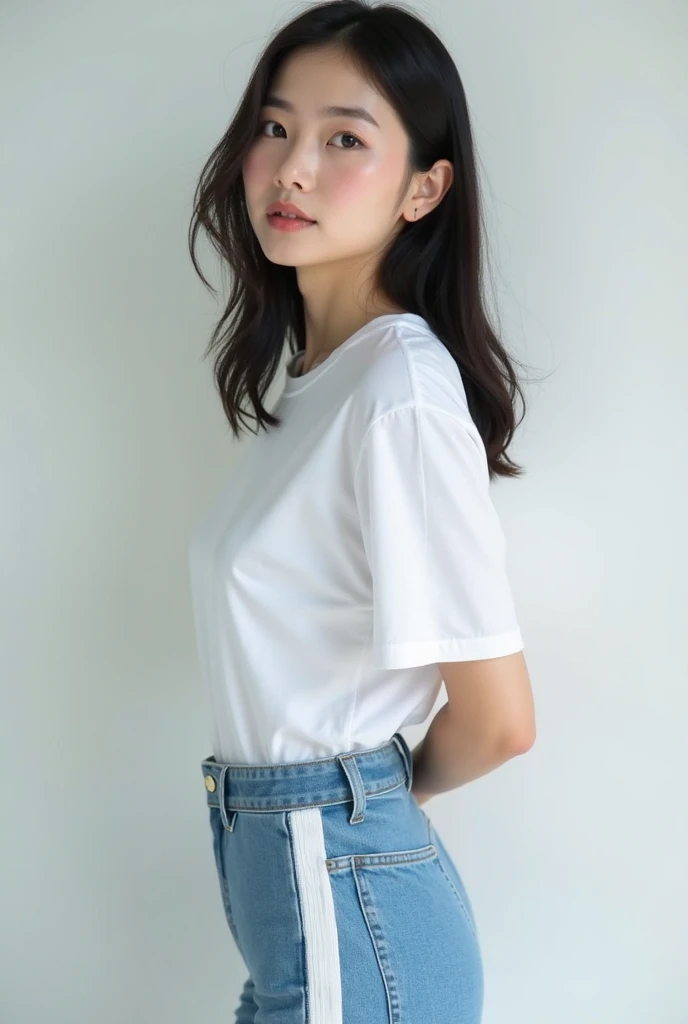 A person wearing a white T-shirt