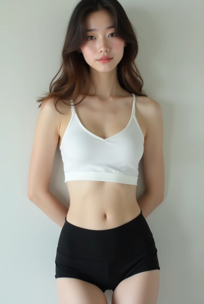 「A young woman wearing a white Calvin Klein bra and panties、She is posing in a simple room with natural light.。She smiled confidently、Embodying healthy beauty and sophisticated style。The background is minimalist、Designed to highlight feminine beauty and Calvin Klein&#39;s elegant designs.。」
