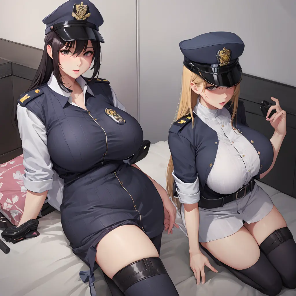 （8K ，Ultra-detailed，Super real photos，Best masterpiece，Nature，perfect work of art，perfect female body），two women，Sister and sister， sisters，rainbow hair，perfect face，（huge tits），neighbor wife，woman hairstyle，elegant wife，At the police station，Exquisite and ，wearing police officer uniform，police uniform，super short thong，穿着低胸露肩police uniform，T-shaped small，huge  big，naked leg，full body shot，elastic muscles，raised raised raised，Obscenity exposed