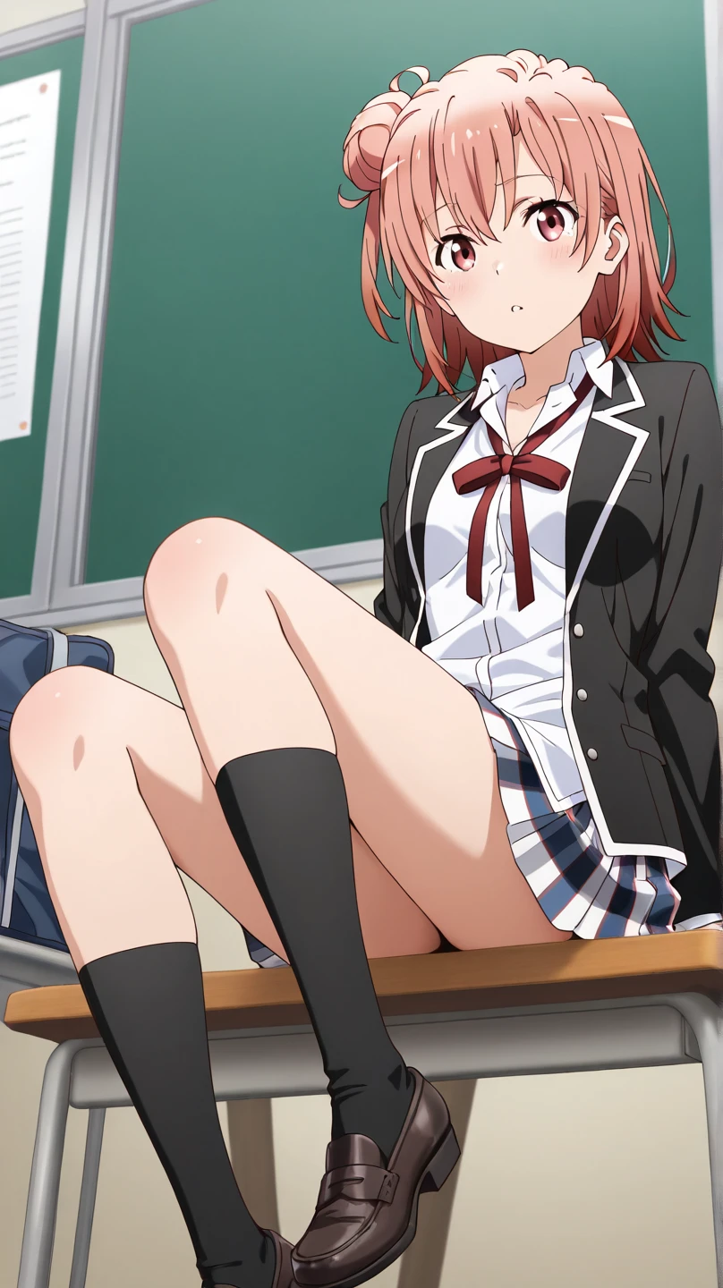(2 girls) ,(old high quality) ,(Yukinoshita Yukino ,blue eyes), (Yuigahama Yui , brown eyes,big breasts),bed , embarrassed face,(low position),(Seen from below),school uniform,(check skirt),,(hold check skirt with hand),thighs,knee,(white panties),(pink panties),
