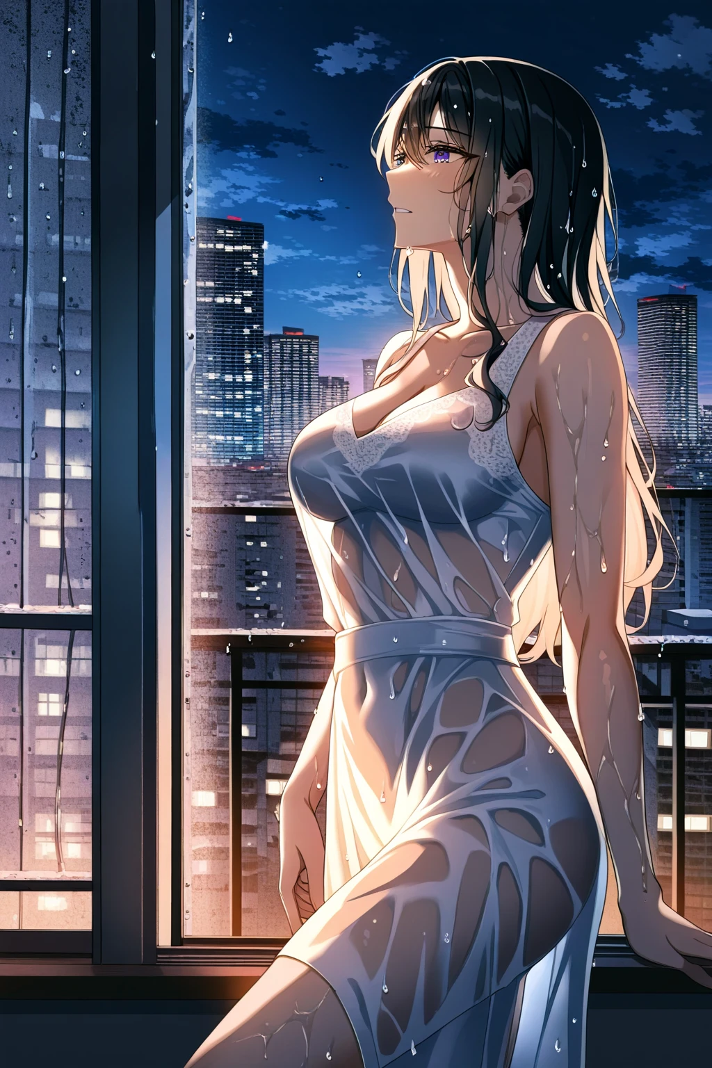 Girl, short slip dress , You can see her breasts, Skyscraper balcony  background, openlegs, night, Bare chest, small breast, slim body, Sneakers , wet body, Wet hair, rain, tokyo , orgasm