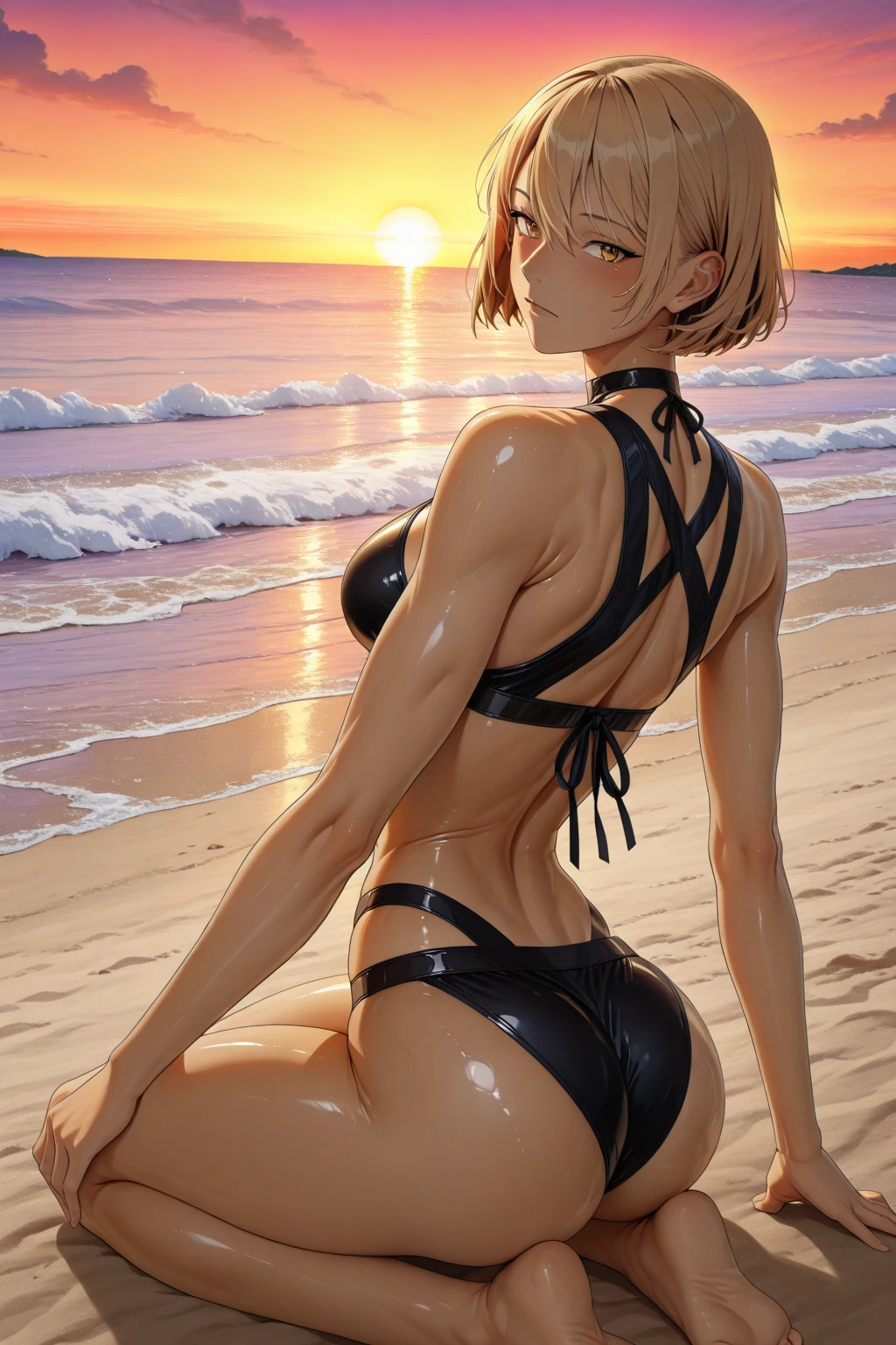 8k, masterpiece, teen, 1girl, black bikini, barefoot, yellow eyes, short hair, messy bangs, tiny breasts, (white hair:1.4), yellow hair, (two-tone hair:1.4), at beach, sitting on sand, wet body, wet hair, from behind, looking behind, feet, ass visible through panties