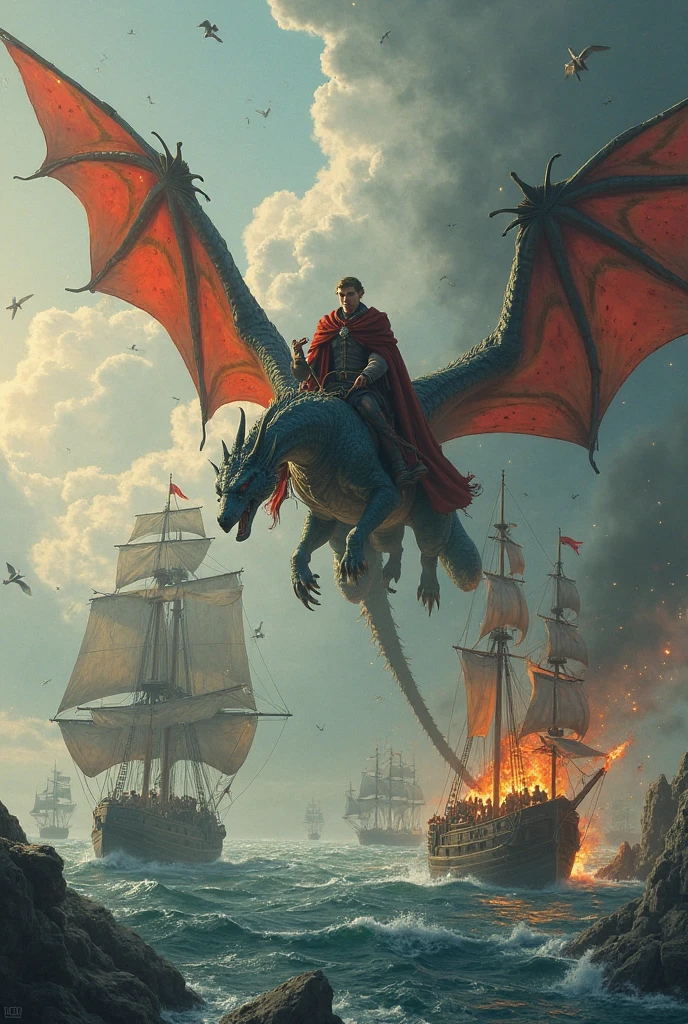 Francis Drake and his crew on a pirate ship、Fighting against the Spanish Navy。A red dragon is breathing fire behind him。