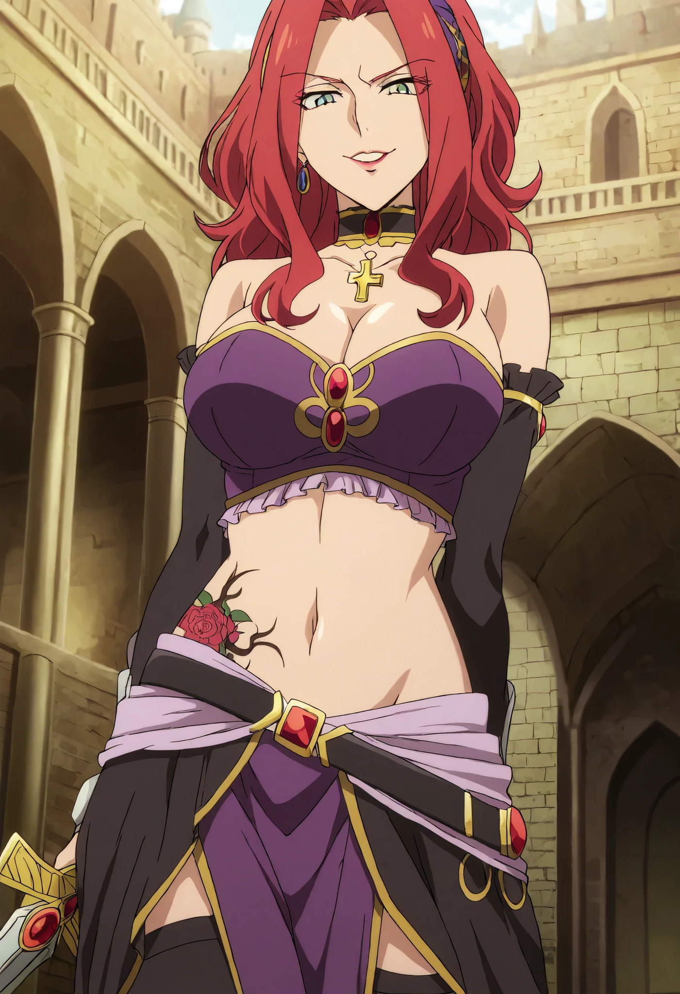 masterpiece, anime coloring, newest, Malty S Melromarc, , solo, looking at viewer, castle,inside castle, , ear piercing, long hair, lipstick,Hot girl, baddie, smoking, sensual, attractive ,cross
necklace, choker, neck ring, elbow gloves, midriff, earrings,,,
castle,inside castle, masterpiece, best quality, highly detailed ,gold_choker, complex detailed
background, inside, holding a sword, sword,harem_outfit,navel, necklace,
pelvic_curtain,revealing_clothes, veil, masterpiece,best quality,mature,evil
smile ,necklace,pendant, (nsfw) not safe for work, exposed belly, exposed navel, midriff,
exposed lower belly, ,cleavage, , european architecture, palace , belly button , medium large breast ,looking at viewer , dragon tattoo on waist, narrowed eyes, tattoo on waist, anipai_style , anime screencap , anime coloring, v-shape eyebrows,