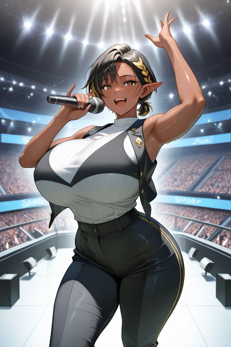 ((super high quality,Ultra-high resolution,16K,super masterpiece,Ultra HD ,Detailed shading,)),Sexy woman,Cleavage,Yellow jumpsuit,White belt at waist,popped Tight collar,smile,Ahegao,blush,Sweaty,holding a microphone in his hand,
