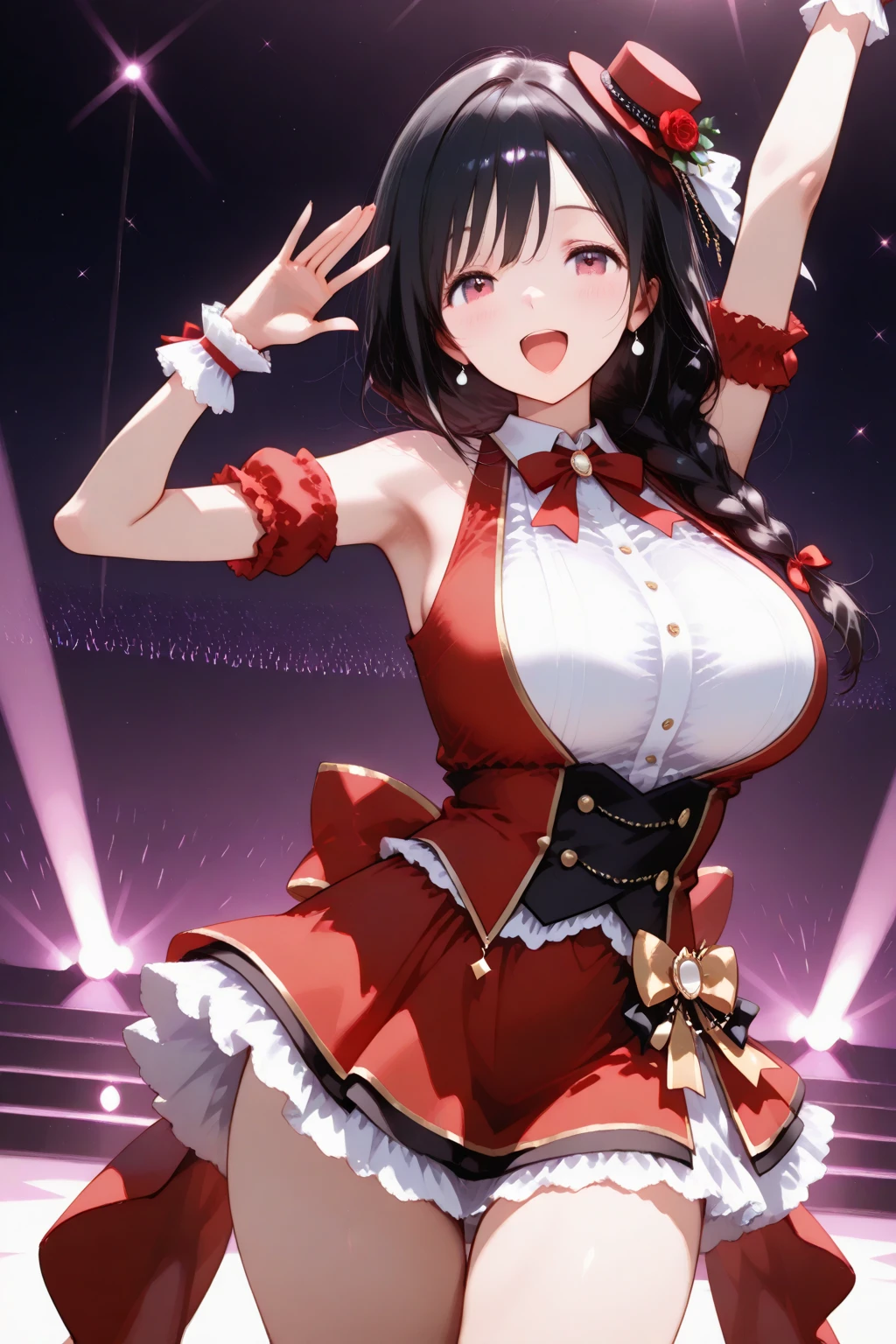 (8k, Ultra-high resolution, The best masterpiece, best quality:1.2), Very detailed, Complete Solution, (actual, actual photo: 1.37), portrait, focus on eyes, HD RAW photos, career arrest, High quality and beautiful, 超高清 8k 影像照片, confess, Professional photography, Very detailed的美麗女孩, Super delicate face shape, Contoured eyes, (Very detailed eyes), Precisely shaped nose, expressive lips, Delicate skin, (HD Skin:1.2), Neatly contoured fingers, Every feature is carefully displayed, (20:1.2), Twenty generations, cute girl, young beautiful mother, solo, Japanese pop artists, Very beautiful Japanese singing idol, Ai Hoshino, Hoshino Ai, Role standing, (Sing:1.2) (Dynamic dance performance poses:1.2), Vibrant look, (Creative colorful idol skirt:1.2), shiny decoration, top idol, Dynamic dark purple long hair, shiny purple eyes, Star pupil, Big breasts, (Hold the microphone), one hand raised, Sensual dance, powerful dance, (music stage) Indoors, large concert, (neon lights:1.3), stage spotlight, swirl pattern, (Colored spotlight, light particles, dust, confetti), (audience:1.3), (A group of energetic and passionate fans:1.4), perfect anatomy, Detailed background, HD Background, (Volumetric lighting, Dynamic lighting:1.2), actual, stunning details, 8k Ultra HD, high quality, CG unity, C4D Rendering, 3D Rendering, Octane Rendering,