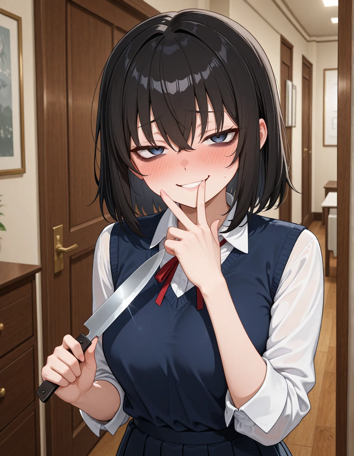 1girl, kobeni, holding knife, sweat, <sword-holding>, constricted_pupils, small breasts, perky breasts, business suit, crazy look, crazy eyes, slight smile, closed mouth, yandere, blushing, blazer, black necktie, white collared shirt, (brown eyes),crazy background
<lora:kobeni_v10:1> <lora:crazyExpressions_crazyExpressions:1>