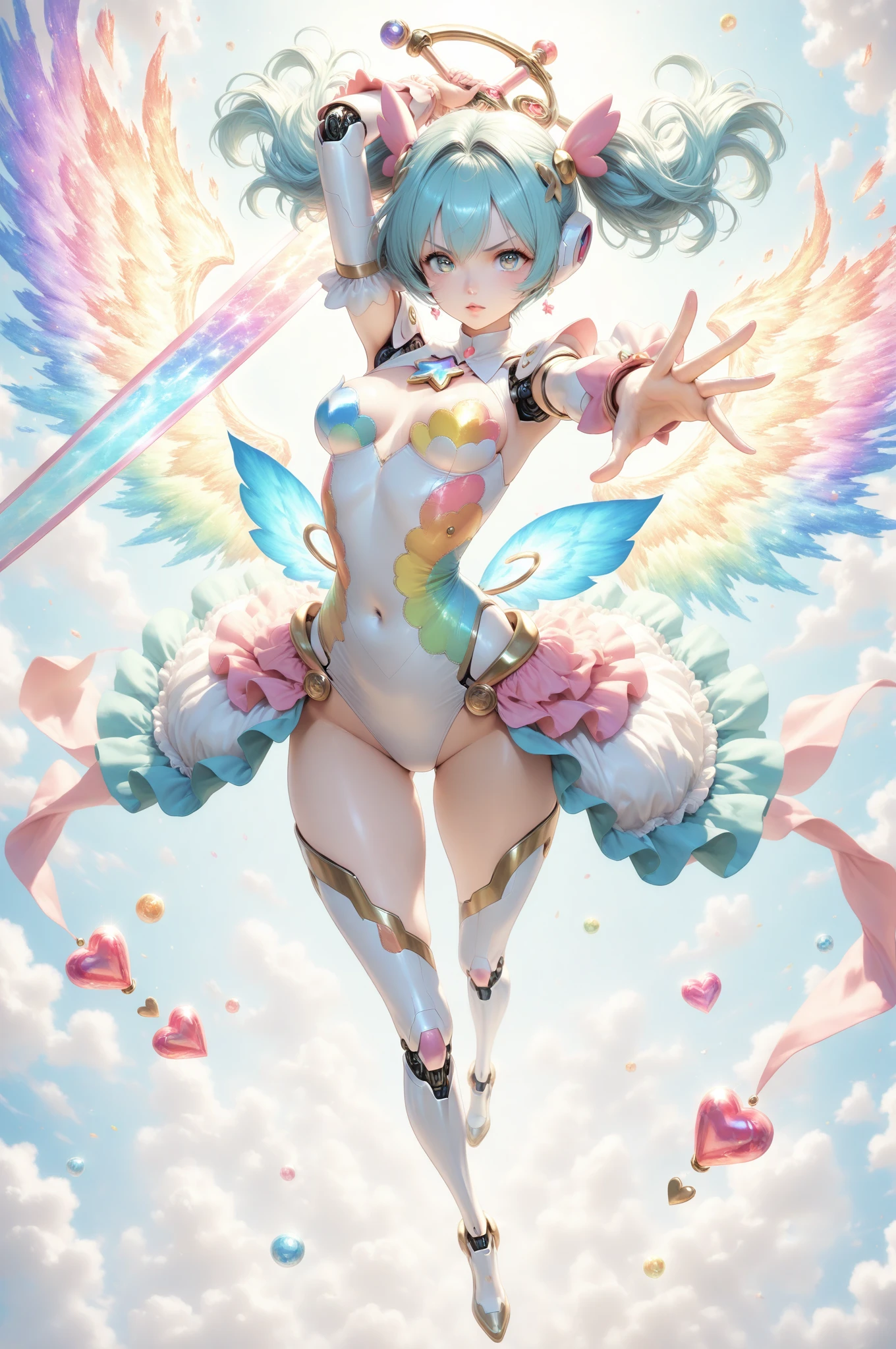 smile、((Cleavage fully exposed))、(((nsfw:1.25))),,(((a very young child:1.44))),(very short hair),(fullbody,(A who is a loli:1.3),(SF),full body,(1 girl, solo, kawaii, anime:1.25),(loli, little, tiny, masterpiece, angel, angel wings, simple halo:1.23), (aqua hair, long hair, blue eyes, twinkle eyes:1.18), (shiny skin, shiny hair, small breast, blue sky:1.18763), (magical girl costume, bare shoulders, white leotard, micro skirt, frills, flying:1.15763), (blush, smile, multicolored clothes, pastel color:1.1225),(dynamic angle, cinematic lighting, depth of field:1.08), fantasy, happy, solo focus, simple background, (see-through:0.85), BREAK