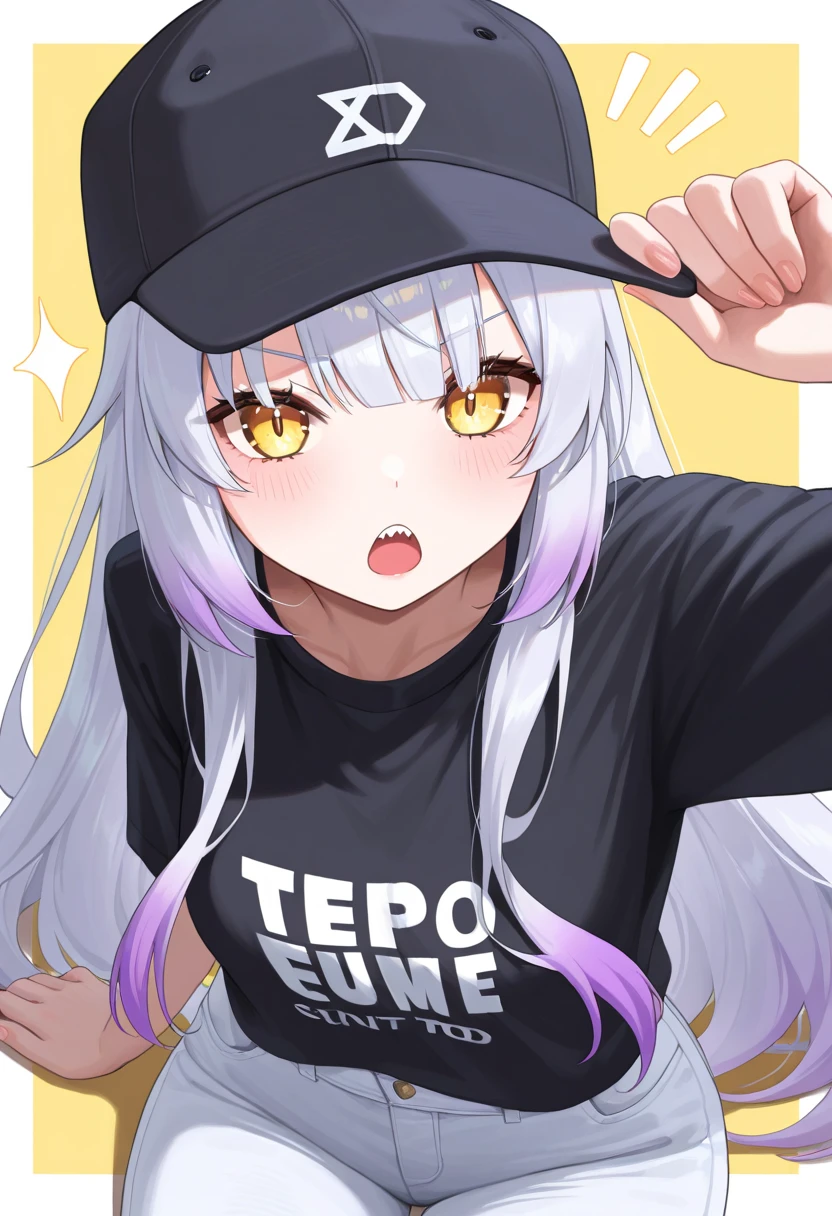best quality,highly detailed,masterpiece,ultra-detailed,1girl,(white background),simple background,Delicate eyes,silver hair, red eyes,standing,(t-shirt:1.3),smile,white panties,