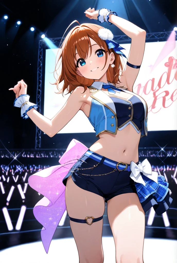 (((Pixel Perfect, Perfect Detail))), (((Underskirt Angle View, Panties Visible,))), Solo, Solo Girl, Kosaka Honoka, (Idol Costume: 1.0), (μ's Idol Costume: 1.0), Viewer's View, Smiling, μ's, Love Live! Stage, Singing, (Tuck Skirt 1.3), (White Panties: 1.3), (Panties with Ribbon), (Panties with Frill Decoration: 1.3), (Fullback Panties: 1.3), (Low Angle), Blue Eyes, Orange Hair, One Side Up Hair, Short Hair, (Spread Legs: 1.0)
