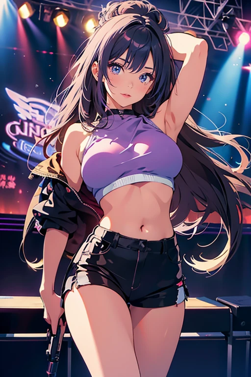 (masterpiece:1.37), best quality, (extremely detailed:1.37), woman, (mature:1.5), (adult:1.5), large breasts, very long hair, (straight hair:1.5), dark purple hair, purple eyes, (extremely detailed eyes:1.37), crop top, cleavage, navel, (groin:1.5), jeans, desperation, (wetting self:1.5), standing, embarrassed, humiliation, blushing, angry, city, futuristic, neon lighting, high-tech, street