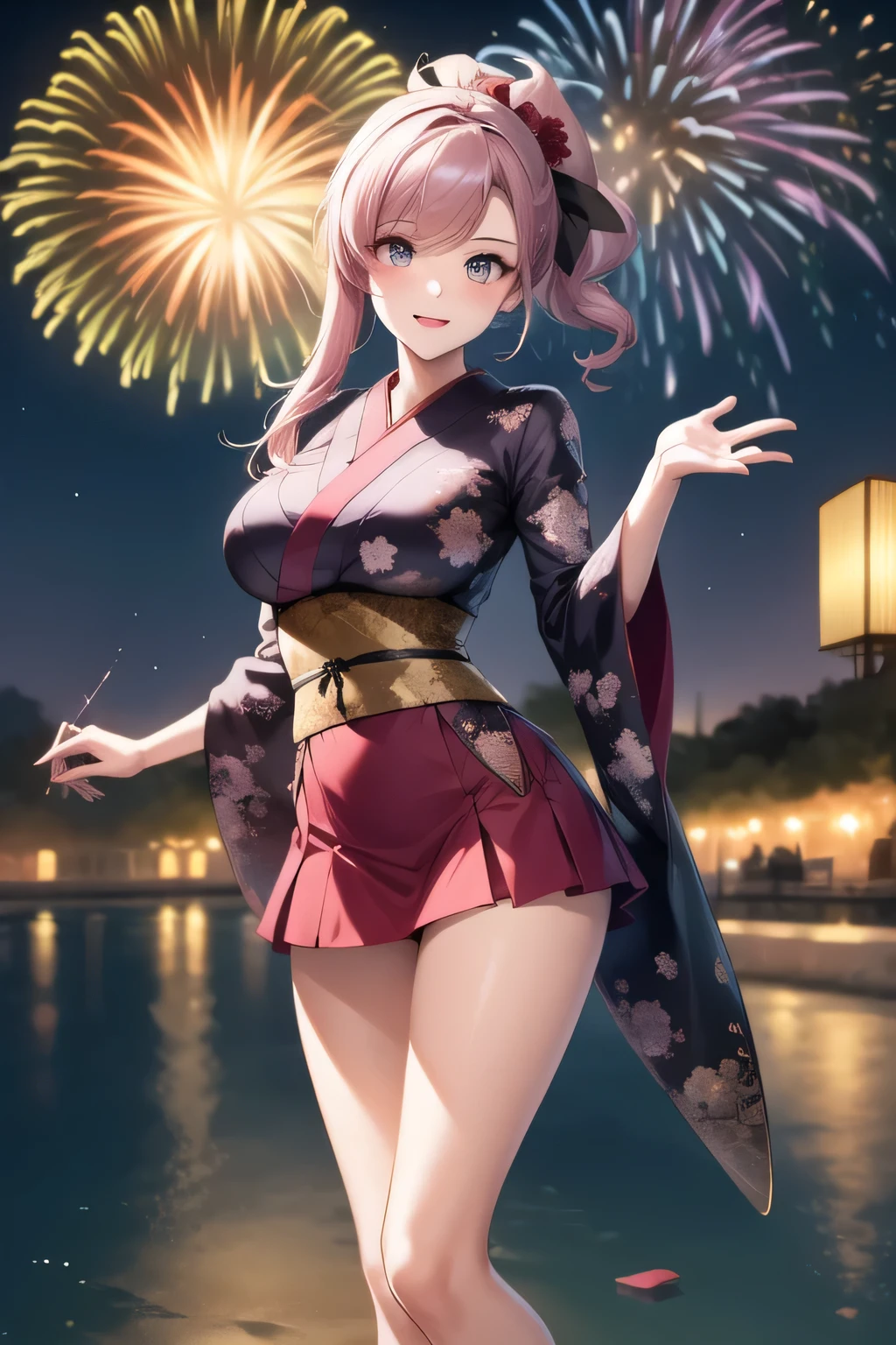 (masutepiece, Best Quality:1.2), (1girl in, Solo), (NSFW, Lori), 15yo student, Upper body, (Purple kimono, Purple eyes), Cherry red hair, milky devil horns, Smile, (blush:1.1), Sitting on a wooden bench, (Open legs, Skirt lift, Showing panties, light pink panties with red ribbon), The ancient capital of Japan, (nigh sky, Fireworks)