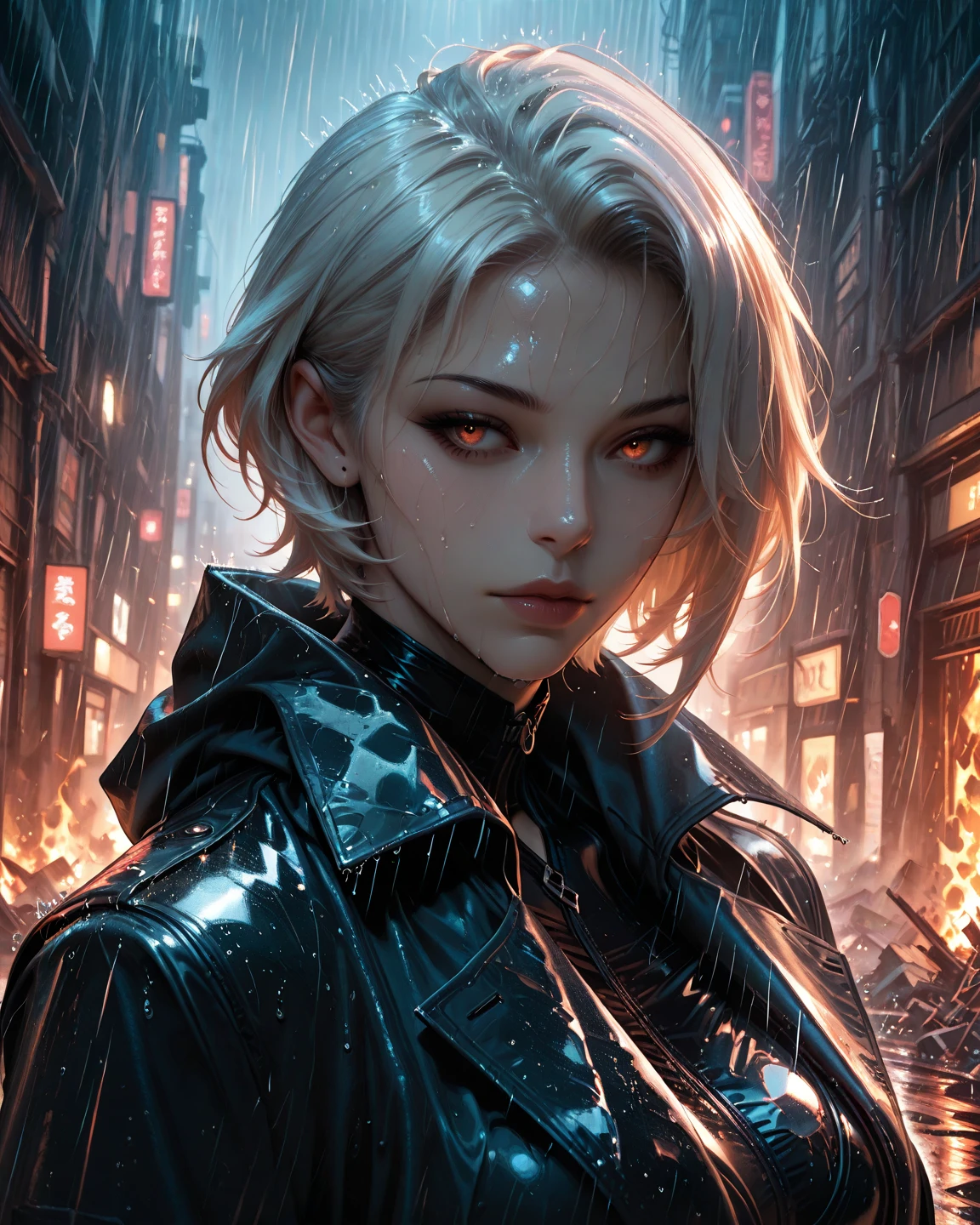 cyberpunk alley, beautiful woman, White hair, mysterious, secret investigator, cyberpunk gabardina, black hole bard, cinematographic, 4k, Steven Spielberg&#39;s epic film, sharp focus, Emitting diodes, smoke, Artillery, sparks, Behind the Scenes, system unit, Motherboard, por Pascal Blanche Rutkowski Repin Artstation, Hyperrealistic painting Detailed character design concept art Matte painting, Blade Runner with 4k resolution
