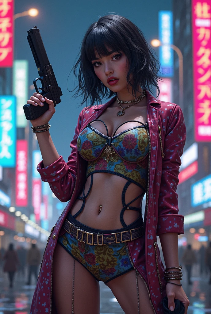 Best quality, masterpiece, super detailed high resolution, (realistic: 1.4), watercolor style, illustration, dazzling background color, 1 topless Girl Holding Weapon, (Solo Exhibition: 1.2), (Denim Lens: 1.2), (Hair Crown: 1.2), No Straps, (Red Eyeliner: 1.2), Earrings, Dynamic Angle, Opera House, messy_long_hair, Ink, Movie Lights, lens_flare, Velvet, Chrysanthemum, Tassels, Ribbons, Color Embroidery, topless, yellow thong