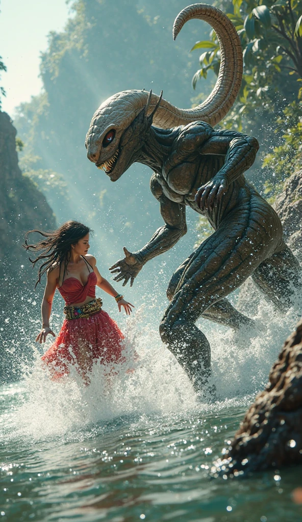 Ultra-realistic, Alien and human fierce battle, Woman dies instantly, Jumps out of heavy bleeding, Red internal organs and brain splash from the head, Female body is caught by aliens, High Quality, 8K, 32K, F1.8