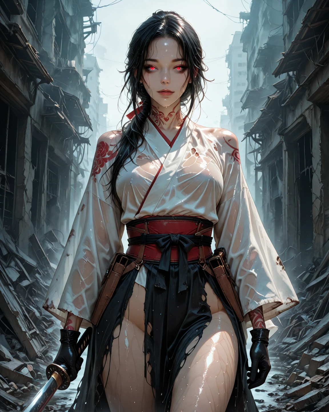 An ancient Chinese girl, hooded head, full body, amazing facial features, blood stains, mechanical eyes, cyberpunk, holographic aura, surreal sci-fi art, futuristic sci-fi aesthetics, hanfu (tattered), mecha, complex design, game model, movie edge light, delicate light, masterpiece, ultra-detailed, epic composition, super high-definition, high quality, highest quality, 32k --niji 5
