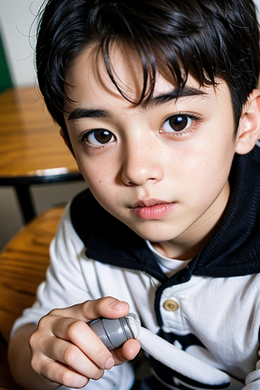 There was a little boy sitting at the table，Carrying a plate of food, 2 years old, detailed face of a asian boy, 4 year old, kiddy big breasts, yanjun cheng, boy has short black hair, young child, boy with neutral face, jaeyeon nam, Four years old, Young boy, taken with sony alpha 9, young cute wan asian face