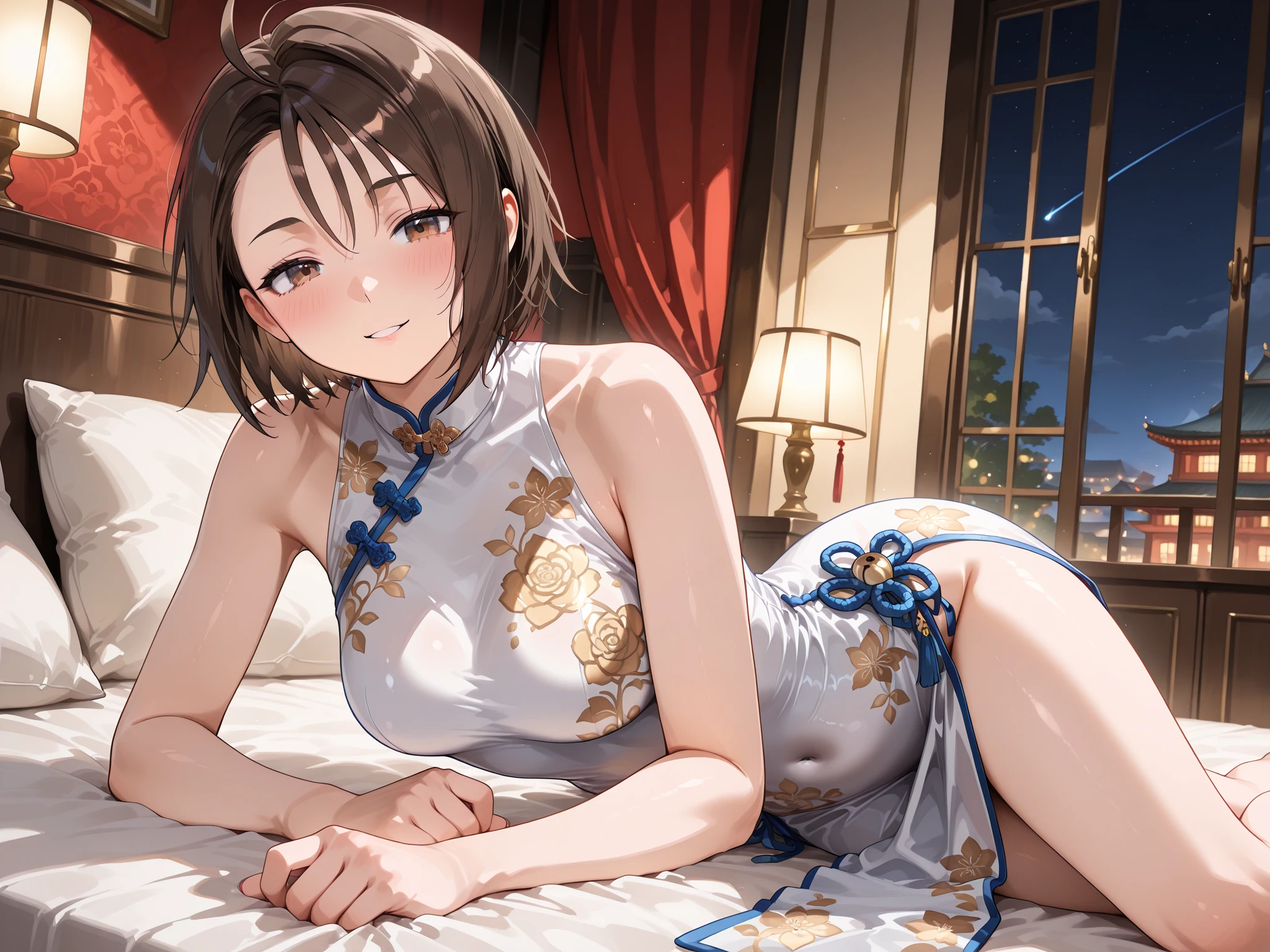 (masterpiece, best quality:1.5), (high resolution 8K), detailed eyes and face, detailed body,
BREAK 1 girl, bob, center part, forehead, brown hair, piercing, brown eyes,
BREAK blush, seductive smile,
BREAK (bare shoulders, china dress, chinese clothes, short dress, cleavage cutout, sideboob, thighs), model posing, seductive posing,
BREAK at bedroom, on the bed, at night, moody light,