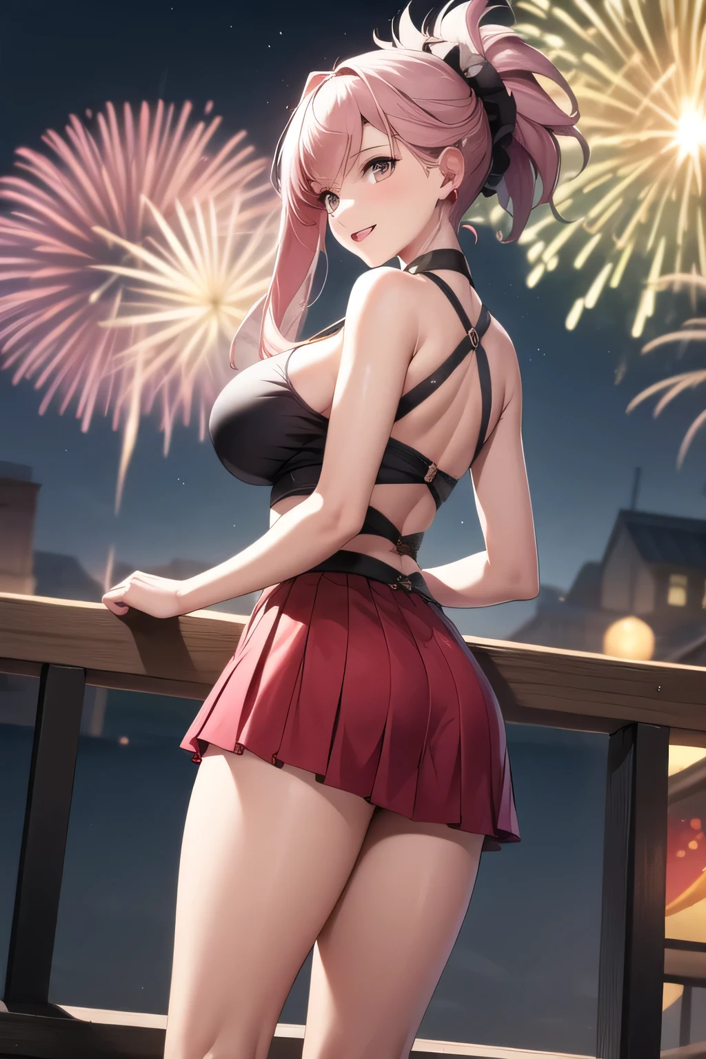 (ultra realistic,32k, masterpiece:1.2),(high detailed skin:1.1),( 8k uhd, dslr, high quality:1.1),
1girl,pink hair, ponytail hair,bangs, (aqua eyes:0.9),sparkling glitter Black Satin Mesh Ruffle Laceup Thong Bodysuit Lingerie, <lora:fireworks_20230730090722:0.5>sky, city skyline,(fireworks:1.1), landscape, clouds, outdoors, night, clouds, reflection, night sky, stars, sunset, horizon, starry sky, , <lora:add_detail:0.8>, (huge breast:0.9),
(looking at viewer, standing,:1.1), (upper body:1.1)
,(neon light:1.1),