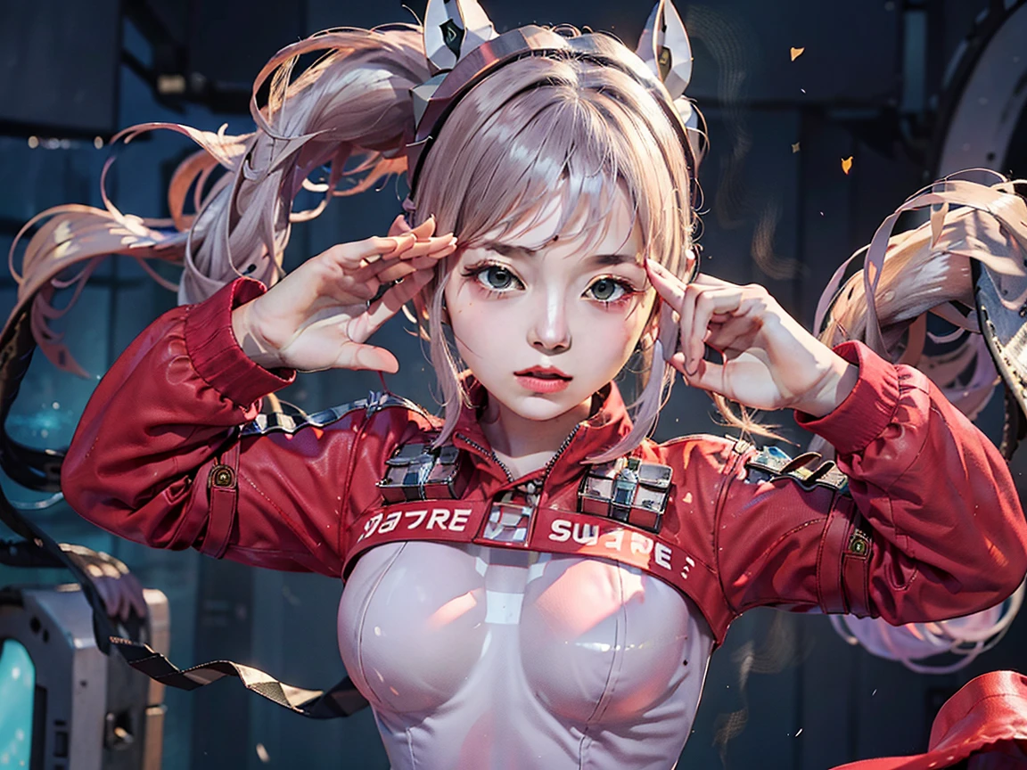 (RAW photo, best quality, masterpiece:1.2), (realistic, photo-realistic:1.4),(masterpiece:1.4),(best quality:1.4),1girl, solo, :d, animal ear headphones, animal ears, arms up, bangs, blush, bodysuit, breasts, bunny pose, clothes writing, covered navel, cowboy shot, cropped jacket, fake animal ears, gloves, outdoor,morning,snow, hair intakes, headphones, impossible bodysuit, impossible clothes, jacket, large breasts, latex, latex bodysuit, long hair, long sleeves, looking at viewer, large breasts, multicolored gloves, open mouth, pink bodysuit, pink eyes, red eyes, red jacket, shiny clothes, shrug \(clothing\), sidelocks, skin tight, smile, thigh gap, thighs, twintails, very long hair, white gloves, white hair,alice \(nikke\),(shiny skin),realistic,