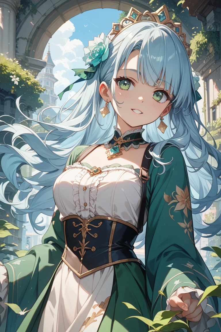(masterpiece, best quality), intricate details,
(1girl), <lora:CeresFauna:0.8> Ceres Fauna, antlers, long hair, braided bangs, hair flower, FaunaBase, long hair, braided bangs, hair flower, blue dress, wide sleeves, single thighhigh, bridal gauntlets,