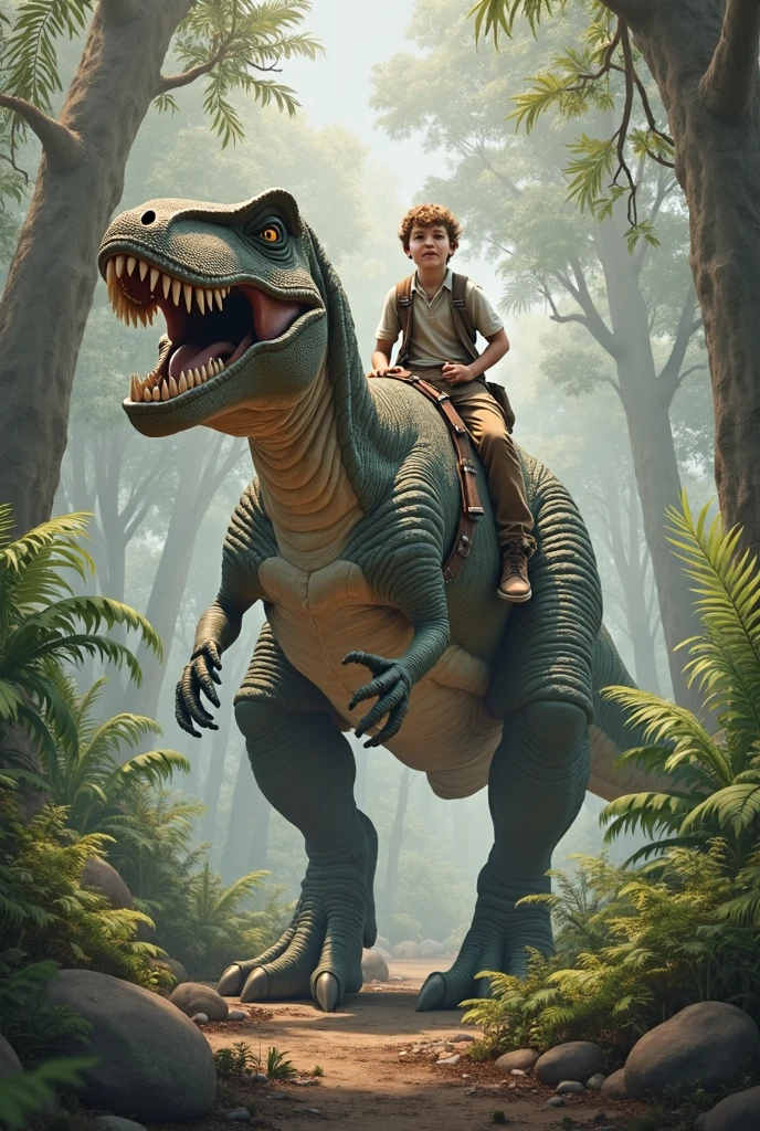 a child riding on a hyper-realistic 4k textured Tyrannosaurus Rex, skin texture focuses on realism