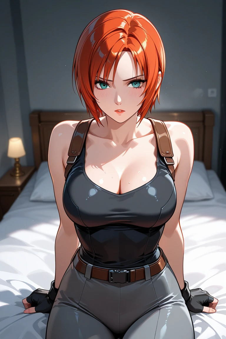 A big, beautiful, and sexy female tank mechanic, exuding confidence and allure amidst the gritty backdrop of a military garage. Standing tall at 6'2" with a voluptuous figure, she's dressed in form-fitting overalls that hug her curves, revealing the strength in her arms and the sultry outline of her body. Her hair, a fiery mane of red curls, is tied back in a loose bun, with a few strands escaping to frame her face, glistening with the sweat of her labor. Her piercing blue eyes sparkle with intelligence and a hint of mischief, as they gaze directly into the camera lens, holding the viewer's attention captive. Her full, pink lips are slightly parted, a playful smirk hinting at the seductive challenge in her demeanor. The setting is a stark contrast to her stunning beauty, with the cold steel of the tank she's working on acting as a backdrop, emphasizing the stark contrast between femininity and power. The tank itself is a beastly machine, half-disassembled and oiled, yet she handles it with the grace of a ballerina. Tools of her trade are scattered around her, each one seemingly an extension of her capable hands. The lighting casts dramatic shadows across her body, highlighting her toned physique and the intricate tattoos snaking down her arms. The scene is lit with a warm, ambient glow from the overhead lights, giving the image a sense of intimacy amidst the industrial setting. Her posture is relaxed yet commanding, one hand casually resting on the tank's turret, the other holding a wrench in a pose that's both seductive and professional. The scene is a testament to the blend of feminine charm and mechanical prowess, leaving the audience captivated by her stunning presence and the allure of the powerful world she inhabits.