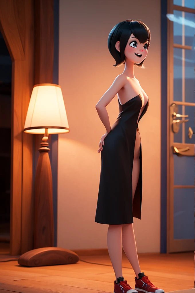 mevis, 1girl, short hair, black hair, solo focus, black eyes, makeup, lipstick, black lips , smile (dark magic), (grim), purple magic on background, ,(intricate details), (hyperdetailed), 8k hdr, high detailed, lot of details, high quality, soft cinematic light, dramatic atmosphere, atmospheric perspective, red lingerie, full body, big , looking at a mirror, mirror reflecting mevis same pose