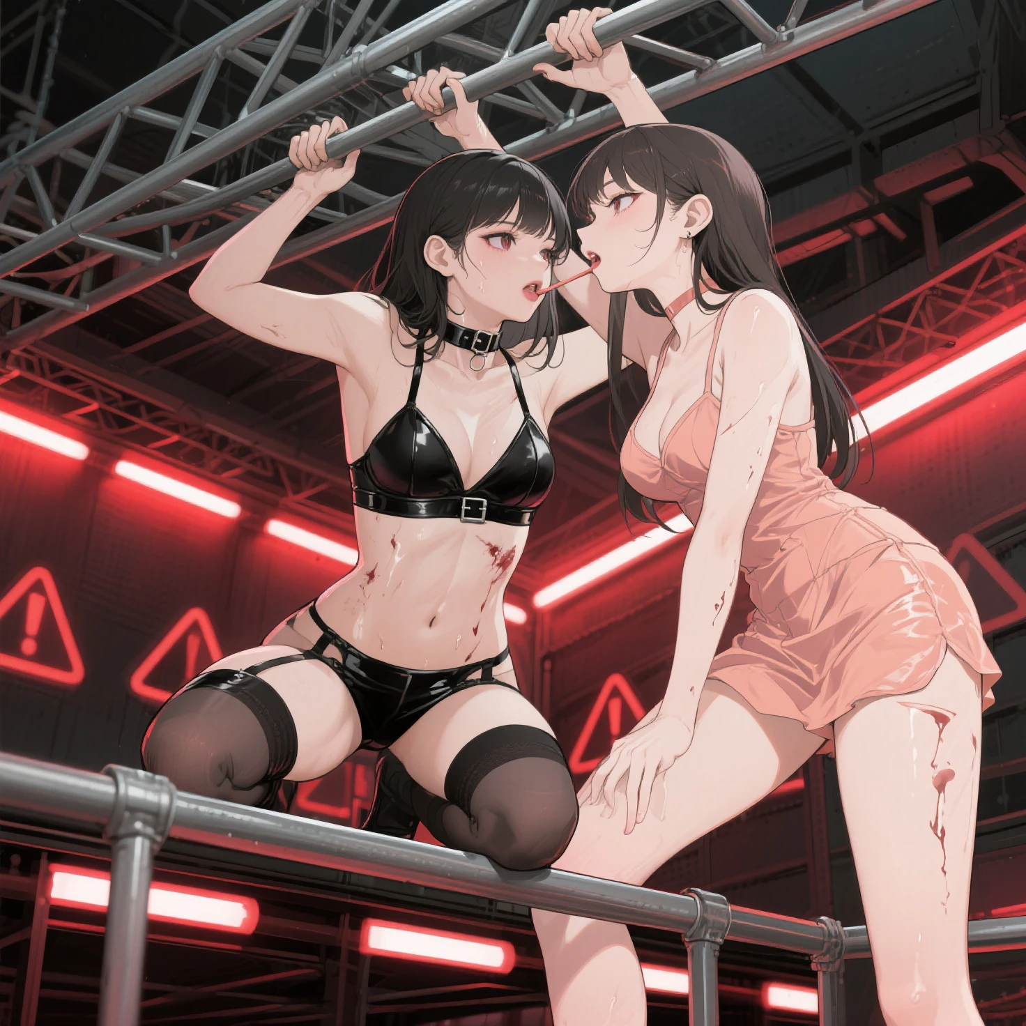1girl, black hair, long hair, blunt bangs, studded choker, heavily tattooed, leather jacket, torn clothes, medium breasts, embarrassed, spiked bracelet, chain necklace, black crop top, dark skin, mature female, subway train, crowd, ((NSFW)), bent over, ass focus, masturbating,