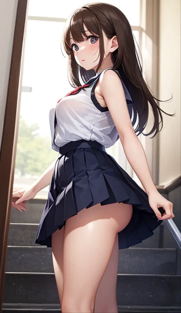 ((masterpiece)), (HQ), (4K), (high detailed), (((best quality))), (detailed face), (beautiful, cute, pretty girl), (18yo teen girl), ((high ponytail)), ((small medium breasts)), (((topless))), (blushing:1.5), (bare stomach), (bare shoulders), (bare neck), (bare arms), (bare chest), ((((dark blue pleated skirt)))), (skinny waist), (skinny thighs), (principal's office), (brown hair), (freckles on face), (bending over), (view from below), (((legs together))), (((arms crossed))), (((wearing sneakers)))