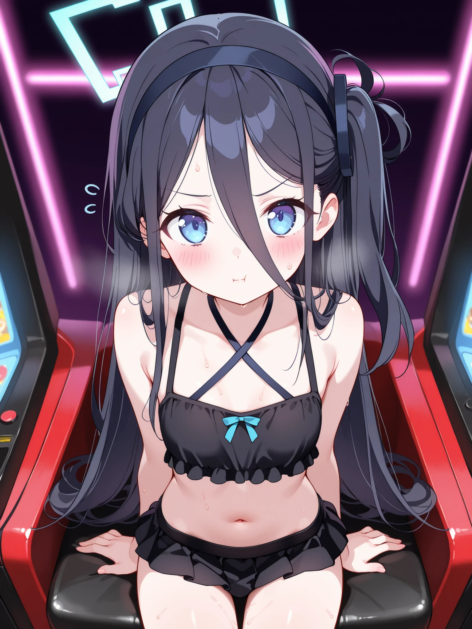 masterpiece, best quality, very aesthetic, absurdres, kuria, 1girl, solo, black hair, two-tone hair, blue and red hair, medium breasts, blue eyes, looking at viewer, dynamic pose, cowboy shot