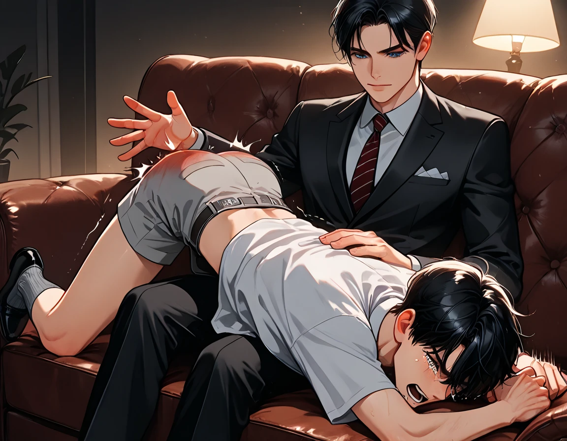 face down,Bed,((Purple tight suit)),barefoot,bare hands,boyish,short hair,black hair,1 girl,Massaged by a man,