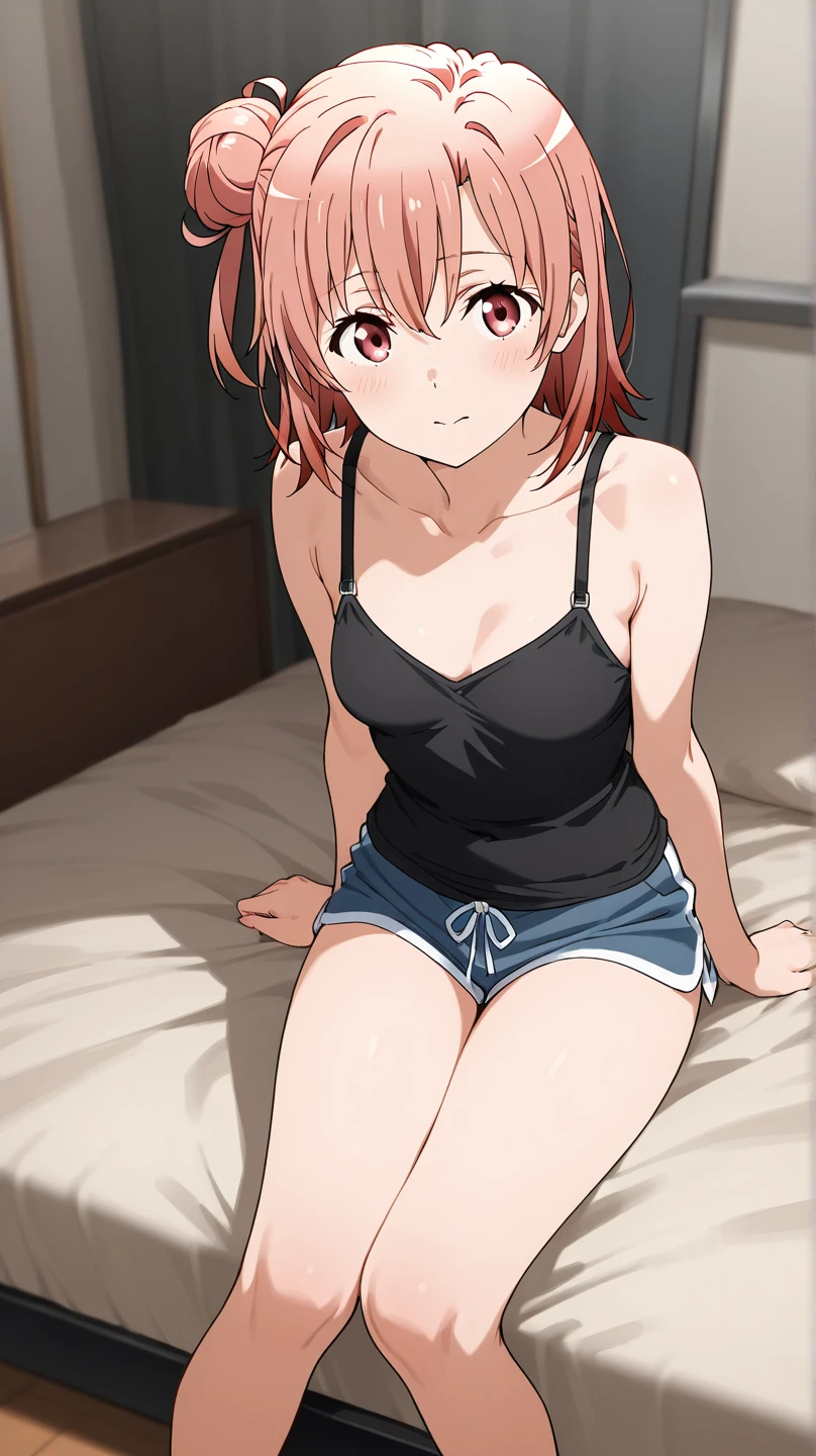((masutepiece, Best Quality, hight resolution, nffsw, Perfect Pixel, depth of fields, 4K, )), 1girl in, Solo, , Beautiful anime girl, Beautiful Art Style, 
very low view angle:1.3, feet ??????:1.5, full body1.5, bed, 
Perfect body, :D:1.5, sitting on bed:1.5, shot from below:1.4, black lace panties:1.5, black bra:1.5, show feet, close feet,
Yuigahama Yui, Hair bun, short hair, large breasts, 
Full face blush, red face, 
straight on:1.3, medium shot