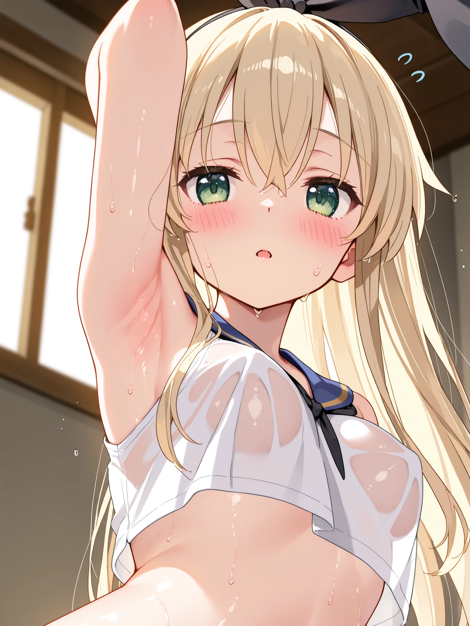 (masterpiece:1.2), (highest quality:1.2), perfect eyes, perfect face, perfect lighting, desert, (((((nude))))), nsfw, , 1 boy, blonde, yellow-green eyes, one eye closed, (((wavy hair))), bun_head, blunt bangs, medium hair, looking at the viewer, (fang), closed mouth, ((((disdain)))), arms behind head, Upper body, Large size, spread legs, ((small breasts)),(((man's chest))) (((scared))), ((grin)), Sweat, (((cum on pussy))), abs