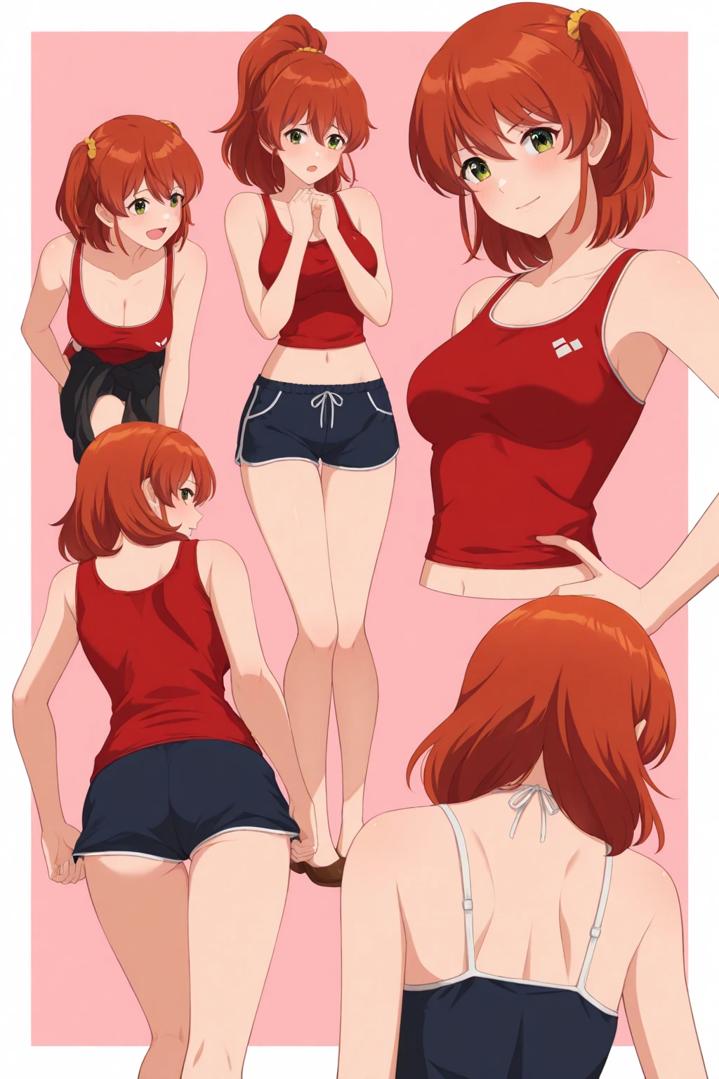 A fullbody image of a beautiful barefoot  happy blushing redhaired woman wearing short workout clothes.