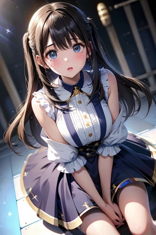 1girl,solo,black eyes, black hair ,long hair, bangs, long hair. (((blindfold))), chain leash, (((animal collar, animal collar connected chain leash, spiked collar, long and holding chain leash))), (((full on all fours, hands on the ground, crawling))), full face blush, sexual ecstasy smile, happy, rape face, fucked silly, vulgarity, ahoge, two legs, both legs, perfect legs, gleaming skin, oil skin, shiny skin, bangs, (((tongue out, long tongue, :q, open mouth, stick out tongue))), full body, sweat skin, seductive smile, open legs, dare body, in heat, perfect proportion, dare legs, extremely long shot, full body, head to toe, wide shot, perfect foots, medium breasts, hair band, , masterpiece, best quality, smile, earrings, (((blue jacket on shoulders, black school uniform))), white shirt, collared shirt, striped, blue necktie, white gloves, (((white skirt))), blue headwear, blue peaked cap, yellow eyes, knee boots, cross-laced footwear, blue peaked cap, covered shirt, covered collarbone, closed shirt, white gloves, sleeves, clothed,