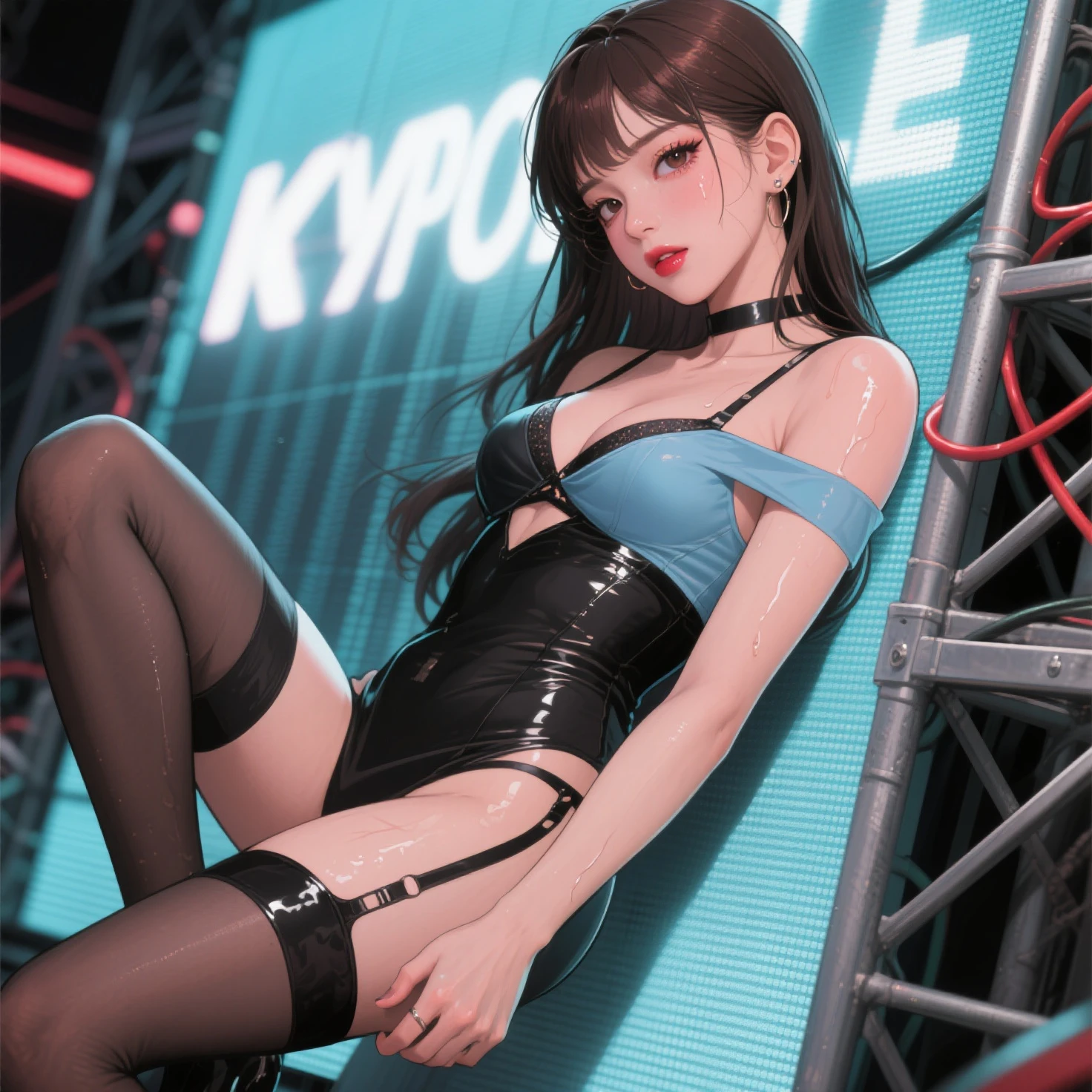 Beautiful girl,Korea, sitting on red light neon, futuristic,
18 years old,Short hair, shoulder length,black hair, big breasts,wet, sweat, camel toe, red lips ,Wear glasses,
White underwear, sexy pose,
red eyes, cyberpunk world, Squat and spread your legs. Sexy lady,