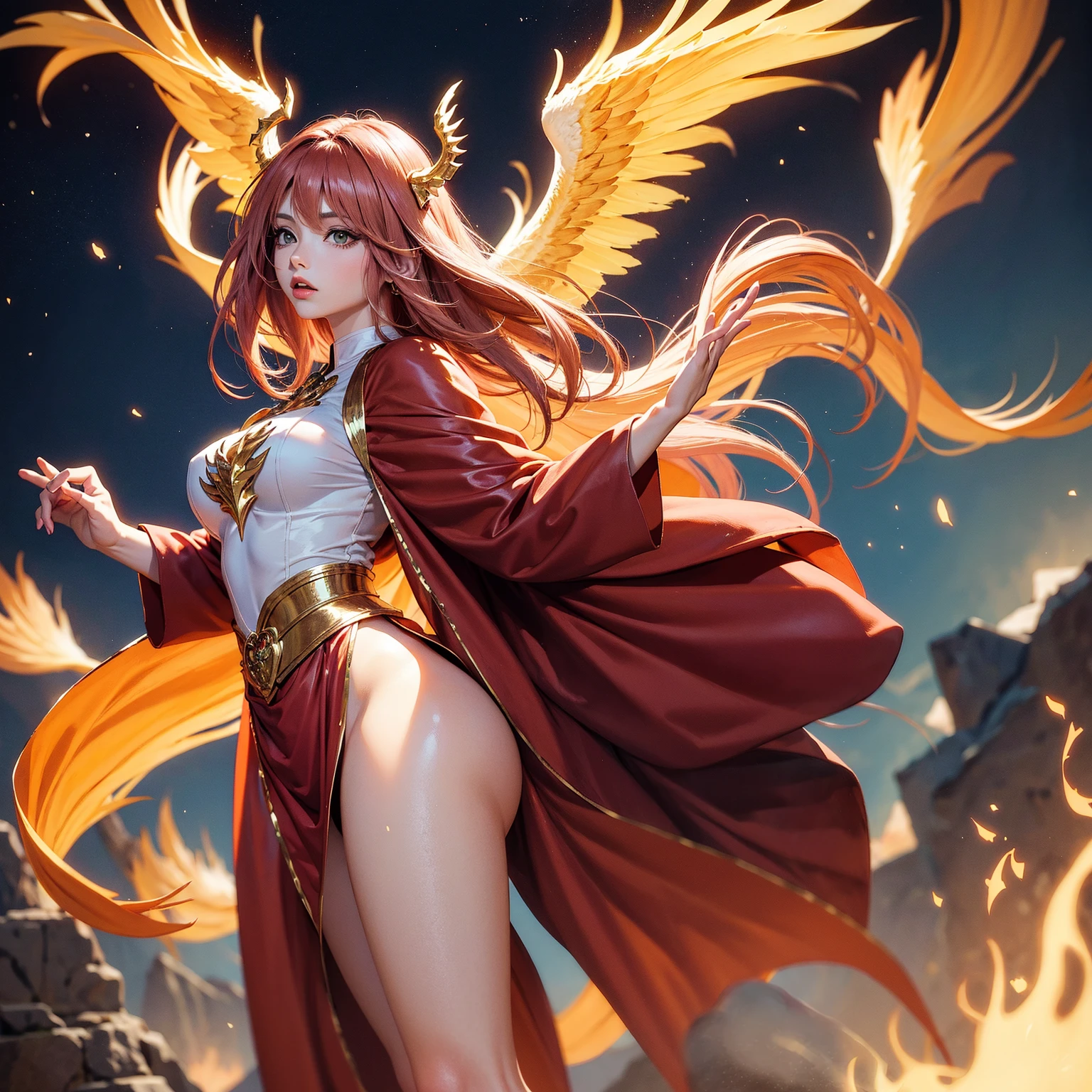 golden dragon goddess with wings, blondie hair, perfect hands, golden shine, fictional figure body hands on waist, sexy movement pose