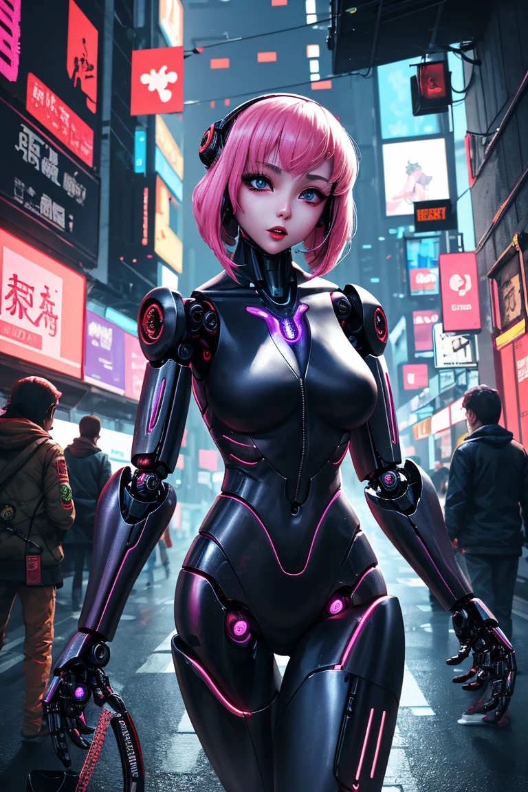 Robot Girl Android Sad Woman Beautiful girl Cyborg Sadness Anime Style Background Cyberpunk Space city pink hair Lower part of the human body