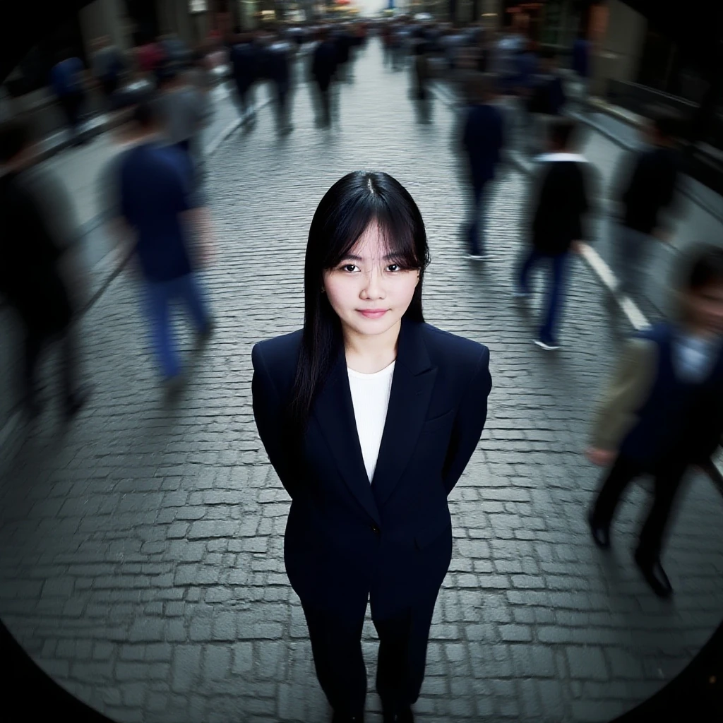 there is a woman that is standing on the street with her arms outstretched, with glasses, li zixin, with glasses on, ayami kojima amano, lu ji, xue han, heise-lian yan fang, wu liu, lei min, wenfei ye, ruan jia beautiful!, xintong chen, qiu fang, yun ling, chinese woman