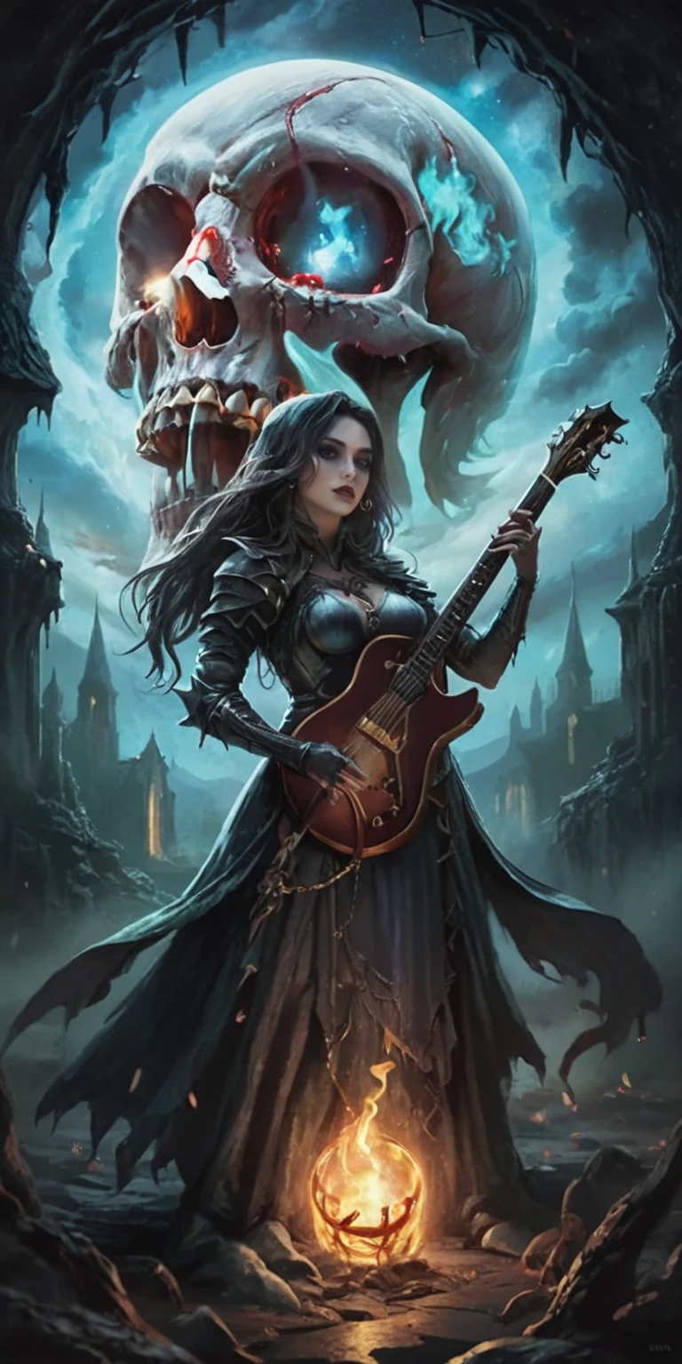 Rocker playing a guitar with a t-shirt with the name "FERNANDA" on it. For a group of ZOMBIES, in the background a Gothic Renaissance castle with a full moon all in bright blue With an "APOLIPTIC DARK" style