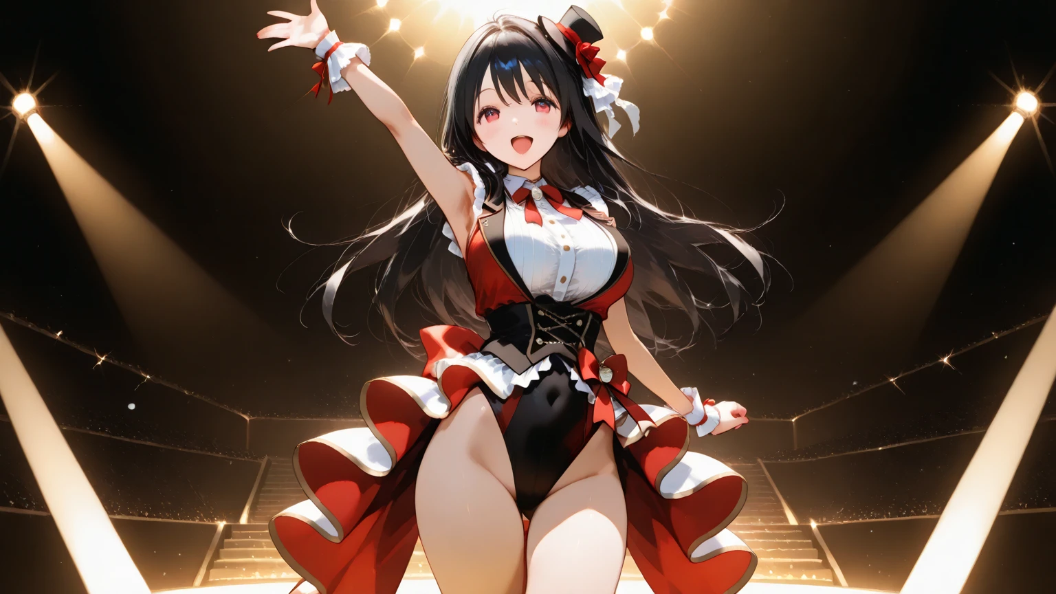 ((Highest quality)), ((masterpiece)), (detailed), （Perfect Face）、The woman is Reika Aoki with semi-long hair、The woman is a member of the North Korean Pleasure Squad and is dancing for the General in a glamorous North Korean dance costume.