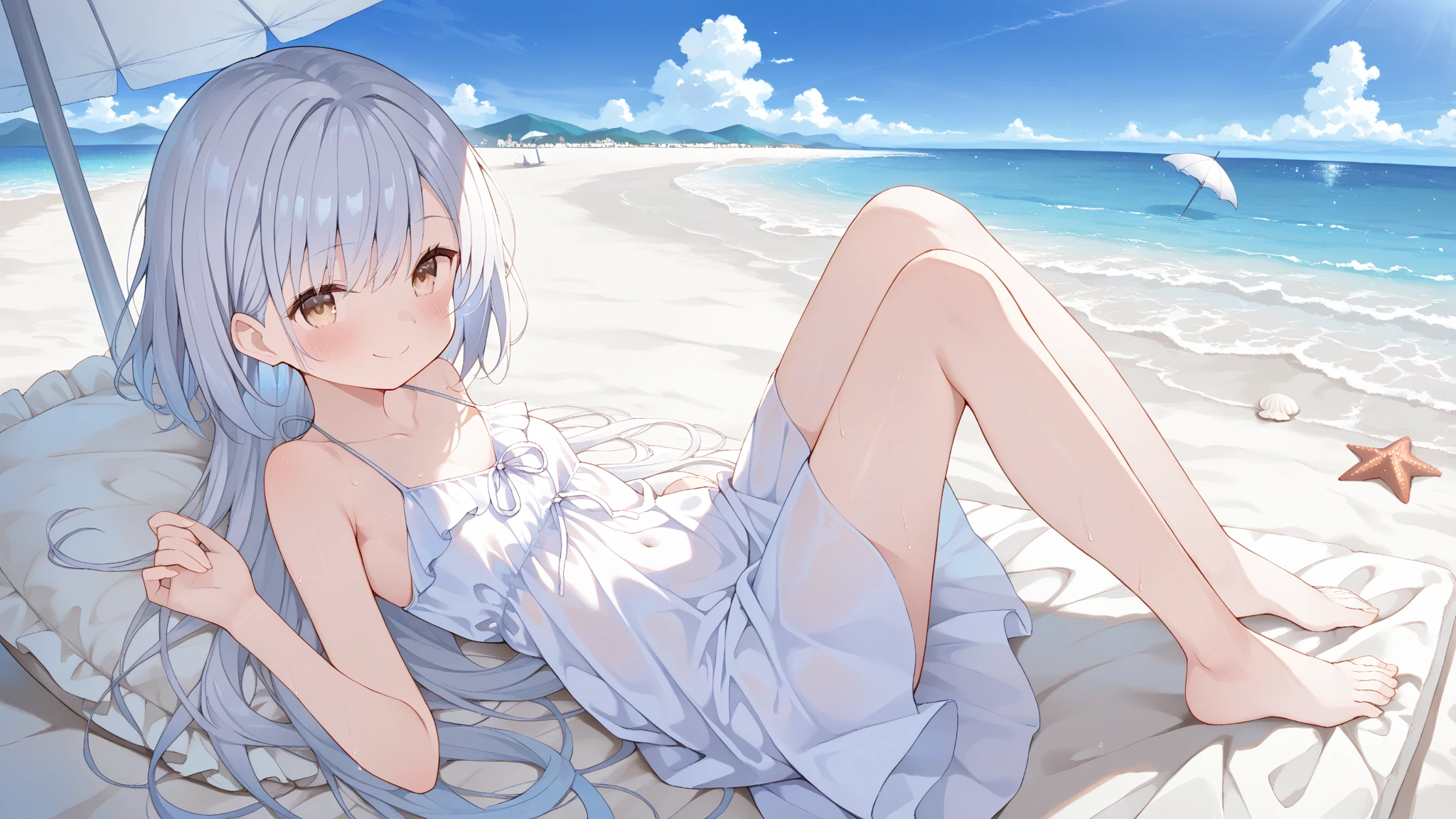 The girl is naked,The cloth covers only the chest,Sleep on the beach