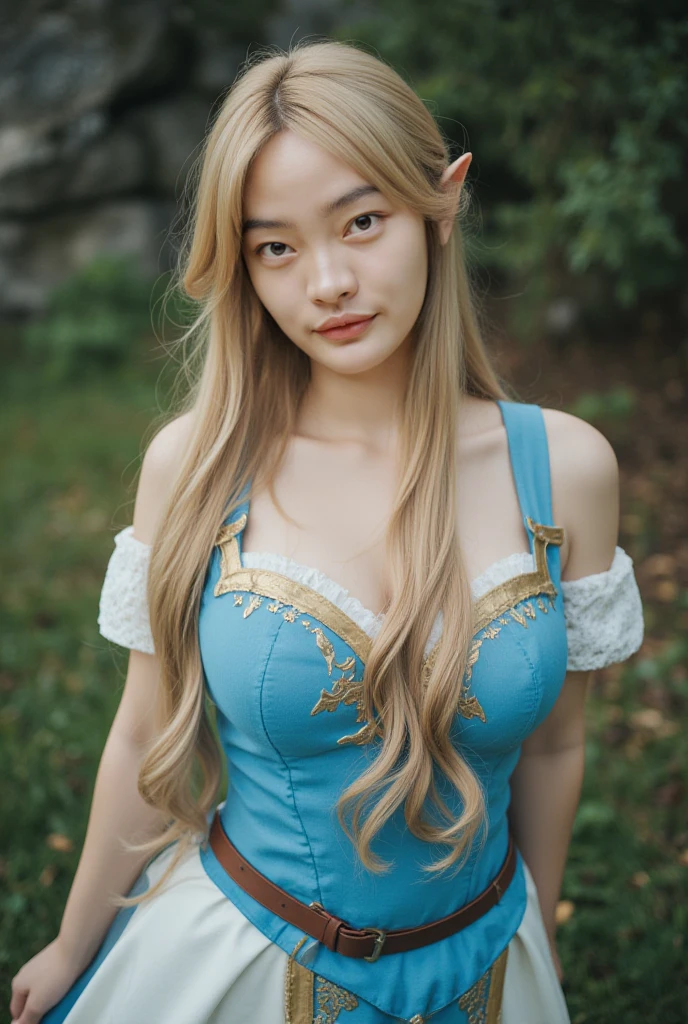 pricess zelda, nintendo, the legend of zelda, botw, 1girl, (blonde hair: 1.5), seductive expression, sexy eyes, big breasts, smile, cute, looking at viewer, long hair, (breast focus: 1.2), (realistic: 1.2), (full body: 1.5), (far view:1.2), (realism), (masterpiece: 1.2), (best quality), (ultra detailed), (8k, 4k, intricate), (85mm), light particles, lighting, (highly detailed: 1.2), (detailed face: 1.2), (gradients), sfw, colorful, (detailed eyes: 1.2), (detailed forest with flowers: 1.2), (detailed background), (dynamic angle: 1.2), (dynamic pose: 1.2), (rule of third_composition: 1.3), (Line of action: 1.2), wide shot, daylight, solo.