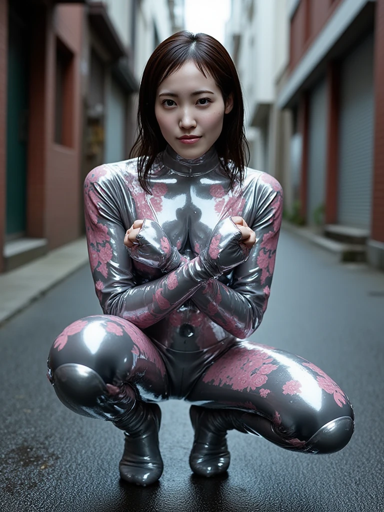 (chinese girl, coils in hair, extremely skinny, ginger, anorexic), (surrounded by crowd, execution, soldier behind her, soldier pointing gun at her, tied to post), (crying, makeup flowing down, scared, distressed, on her knees), (white latex pvc bodysuit)
