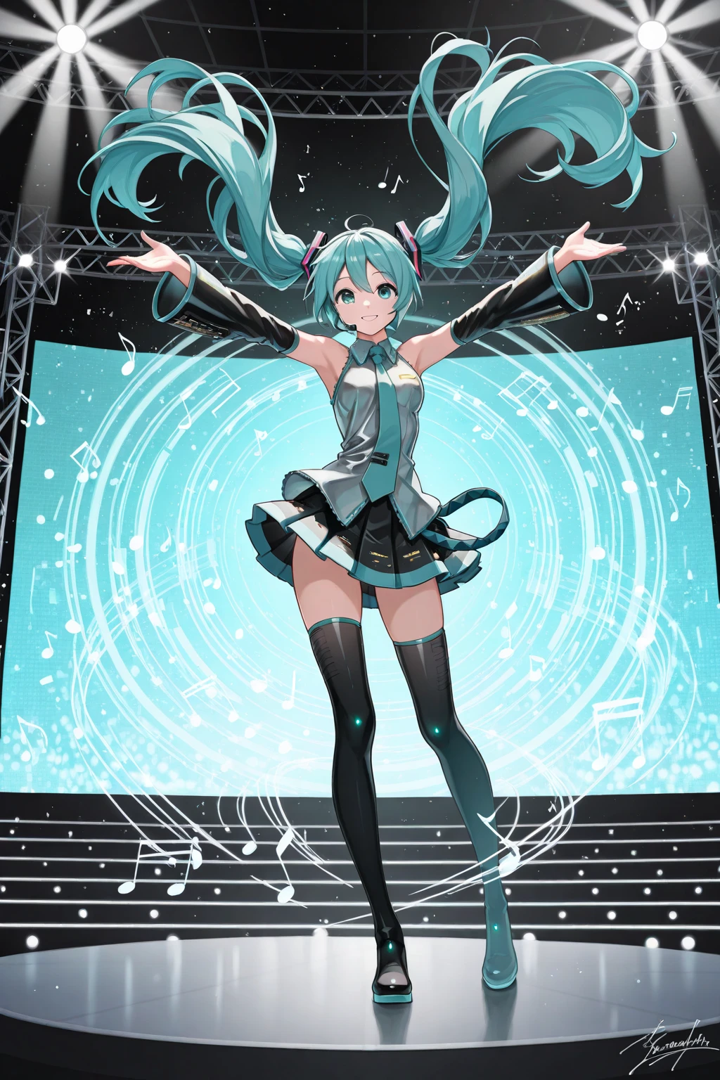 (Hatsune Miku,Light blue hair,Twin tails,No sleeve,tie,mini skirt,socks,Black hoodie),((Blue is the predominant color,Angle from below,Stars in the night sky,Crescent Moon)),(Shining futuristic city at night,Night view,Cyber World),(Dynamic pose,Standing on a glass stage,Cool look,singing,Holding a microphone)